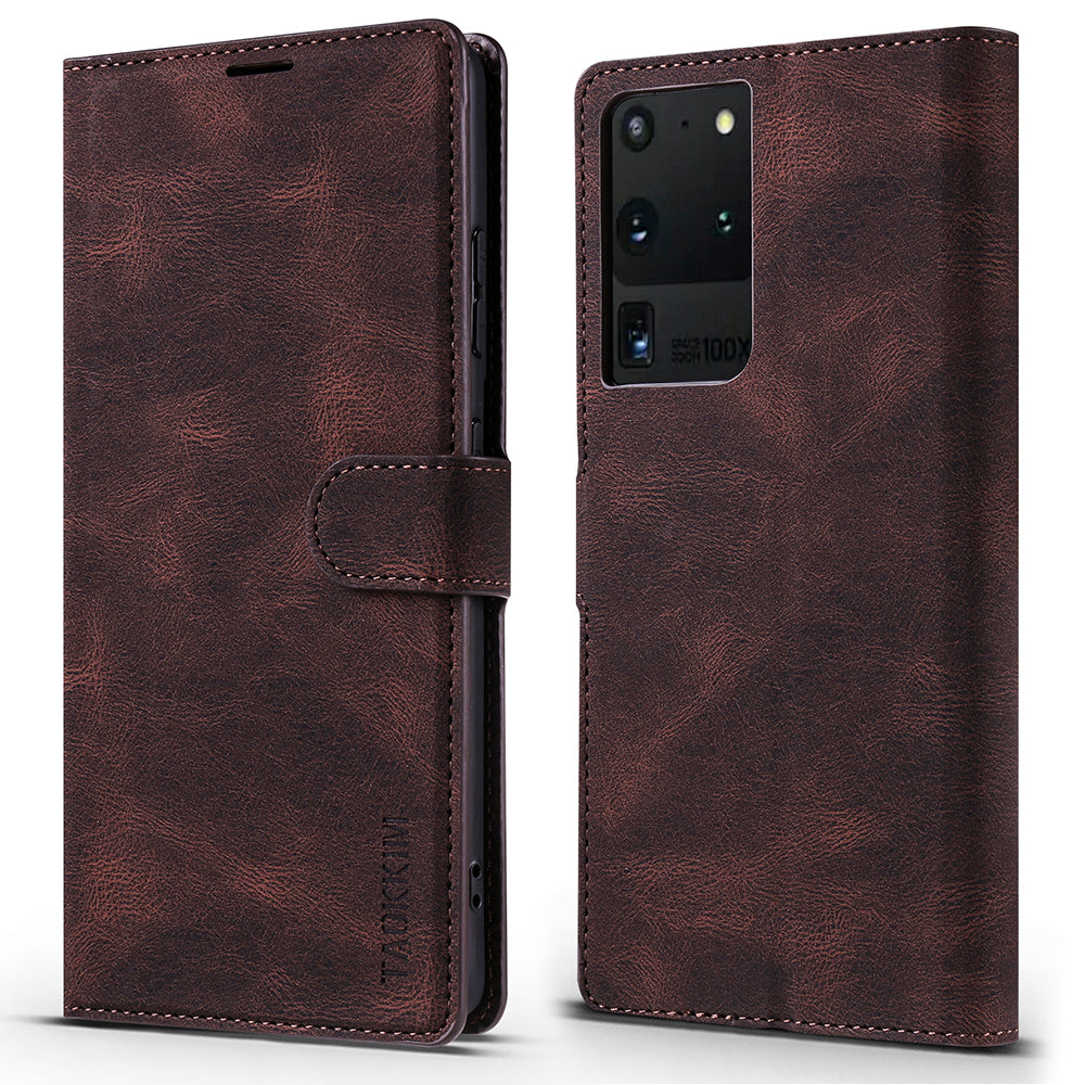 TAOKKIM Protective Leather Wallet Case Drop-resistant Phone Cover with Stand for Samsung Galaxy S20 Ultra - Brown