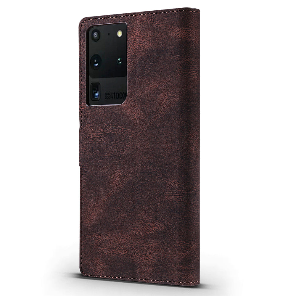 TAOKKIM Protective Leather Wallet Case Drop-resistant Phone Cover with Stand for Samsung Galaxy S20 Ultra - Brown