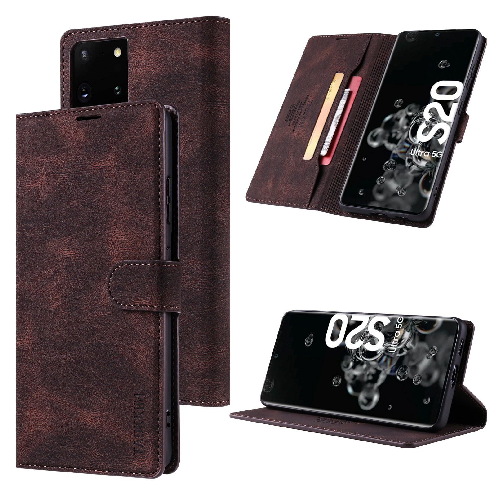 TAOKKIM Protective Leather Wallet Case Drop-resistant Phone Cover with Stand for Samsung Galaxy S20 Ultra - Brown