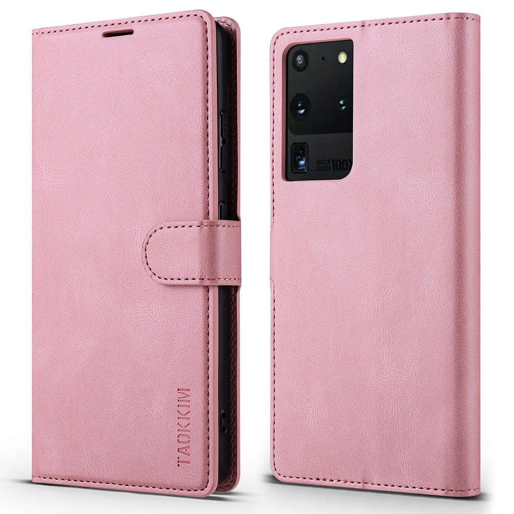 TAOKKIM Protective Leather Wallet Case Drop-resistant Phone Cover with Stand for Samsung Galaxy S20 Ultra - Pink