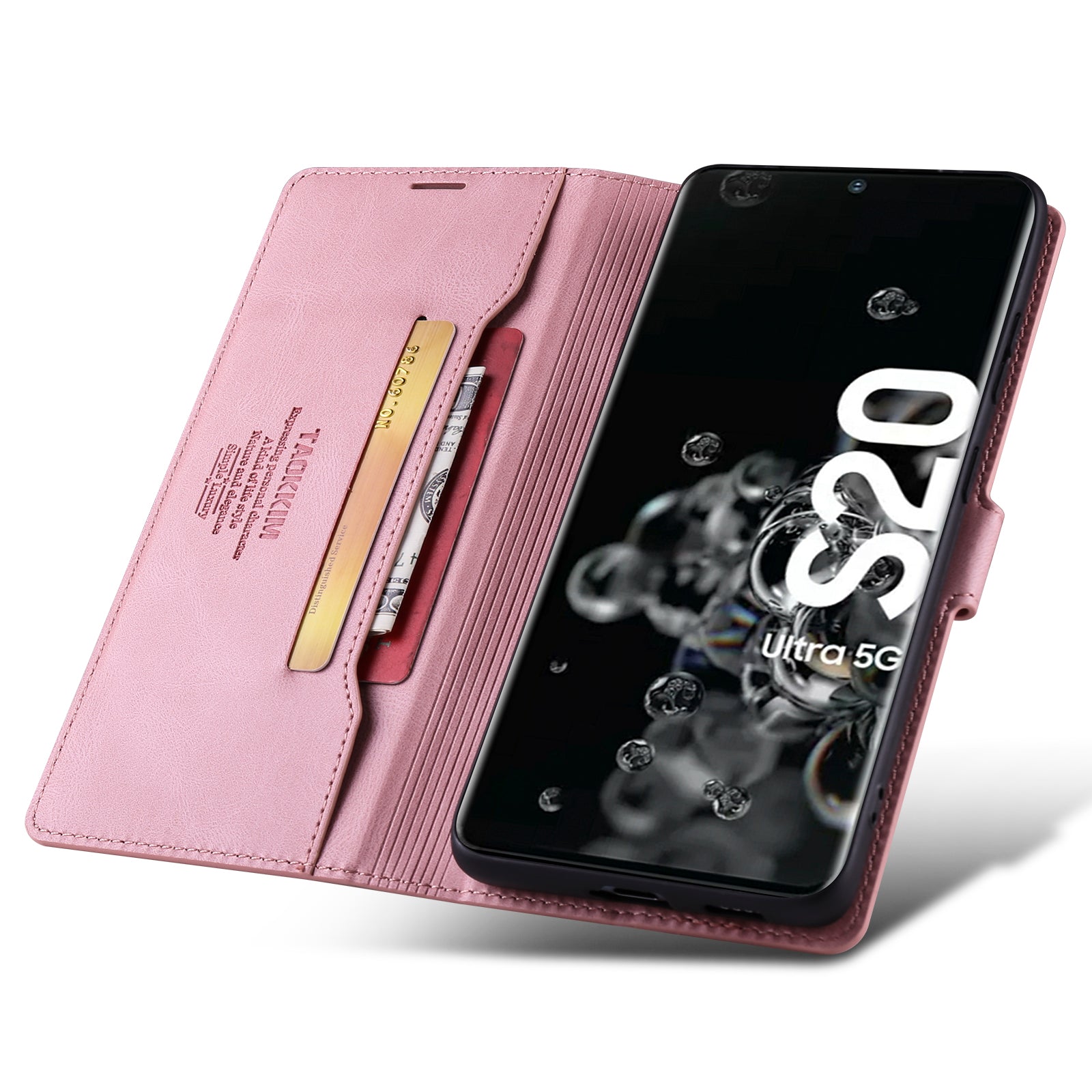 TAOKKIM Protective Leather Wallet Case Drop-resistant Phone Cover with Stand for Samsung Galaxy S20 Ultra - Pink