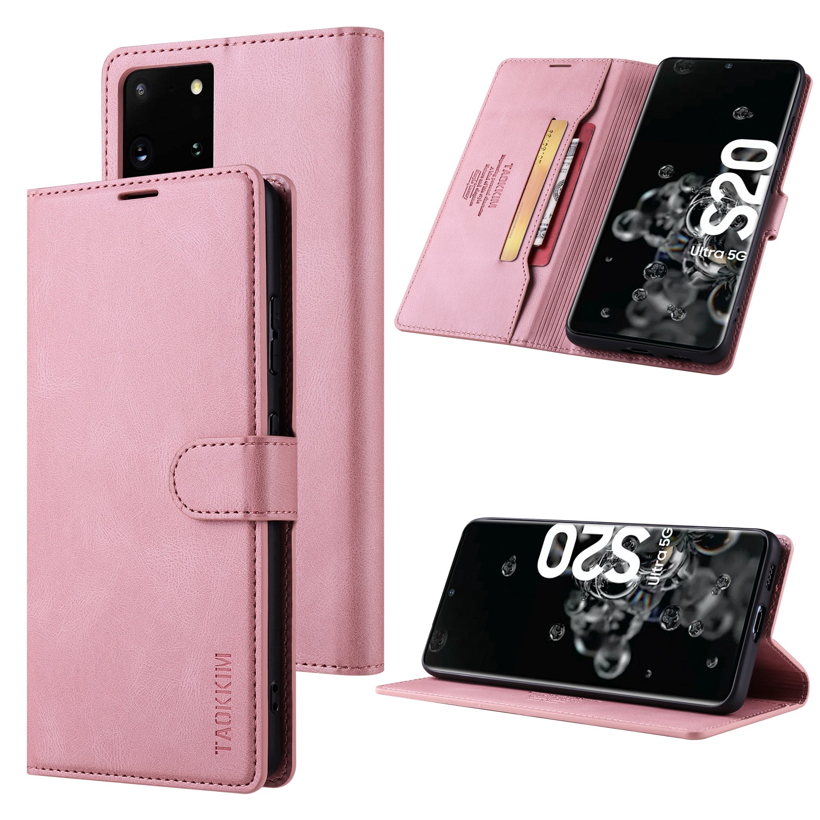 TAOKKIM Protective Leather Wallet Case Drop-resistant Phone Cover with Stand for Samsung Galaxy S20 Ultra - Pink