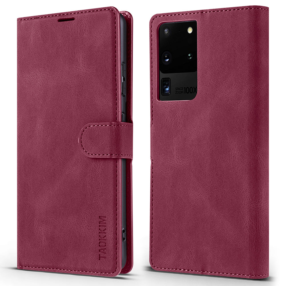 TAOKKIM Protective Leather Wallet Case Drop-resistant Phone Cover with Stand for Samsung Galaxy S20 Ultra - Wine Red