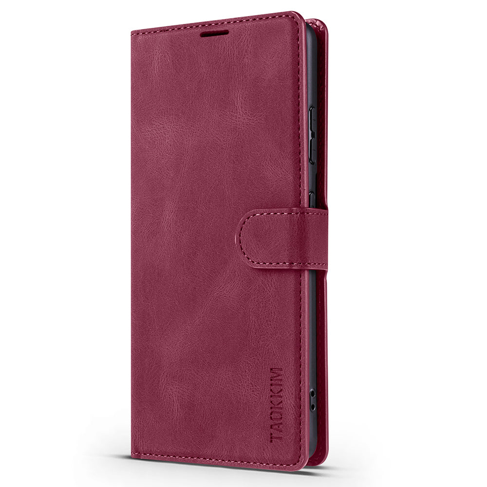 TAOKKIM Protective Leather Wallet Case Drop-resistant Phone Cover with Stand for Samsung Galaxy S20 Ultra - Wine Red