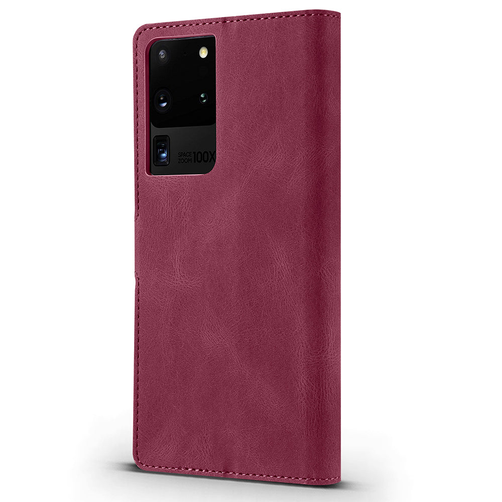 TAOKKIM Protective Leather Wallet Case Drop-resistant Phone Cover with Stand for Samsung Galaxy S20 Ultra - Wine Red