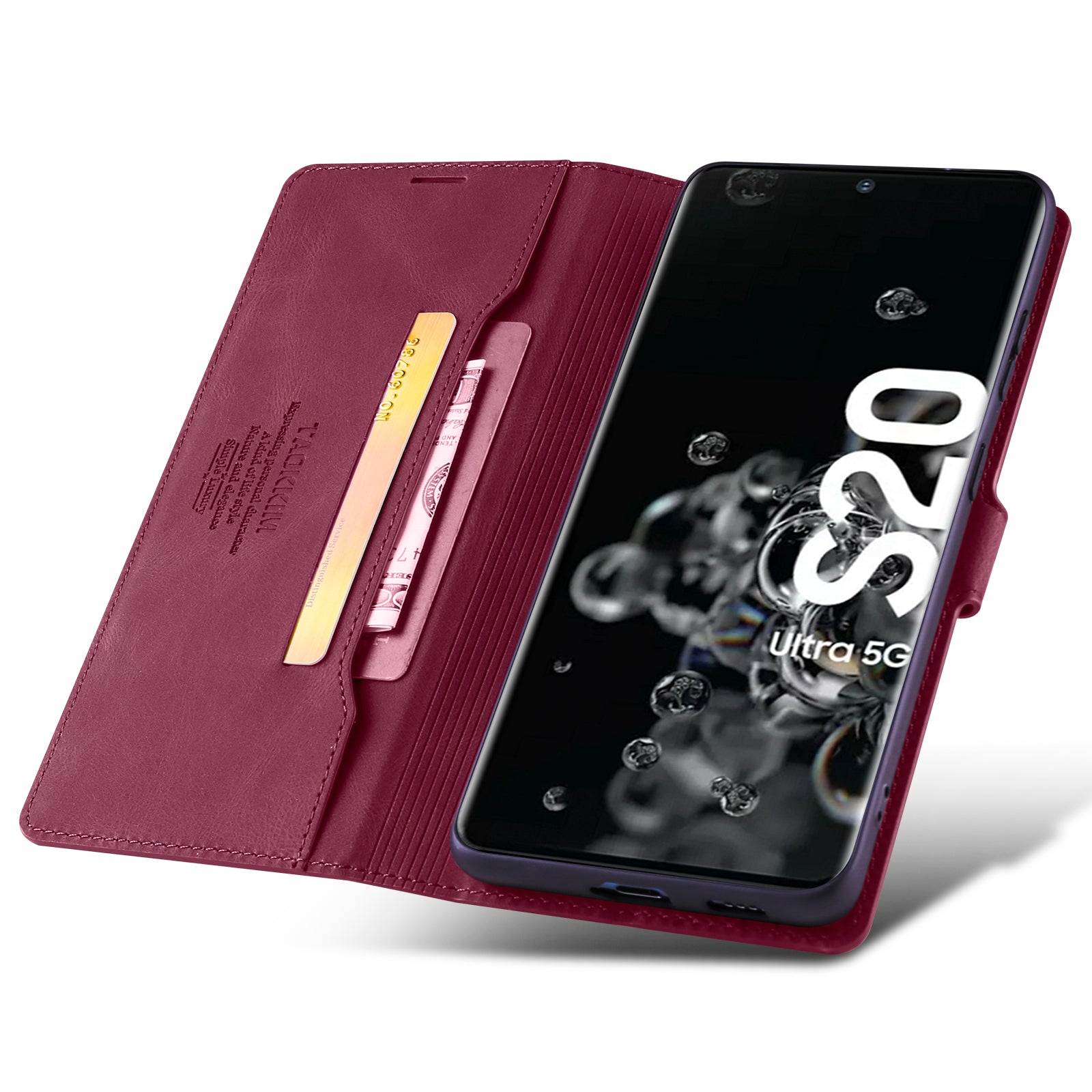 TAOKKIM Protective Leather Wallet Case Drop-resistant Phone Cover with Stand for Samsung Galaxy S20 Ultra - Wine Red