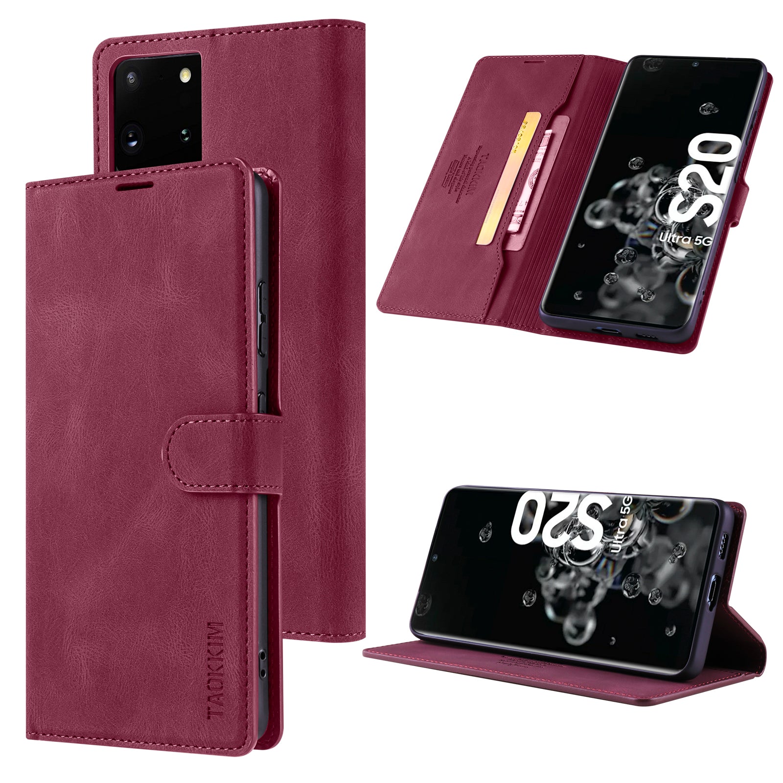 TAOKKIM Protective Leather Wallet Case Drop-resistant Phone Cover with Stand for Samsung Galaxy S20 Ultra - Wine Red