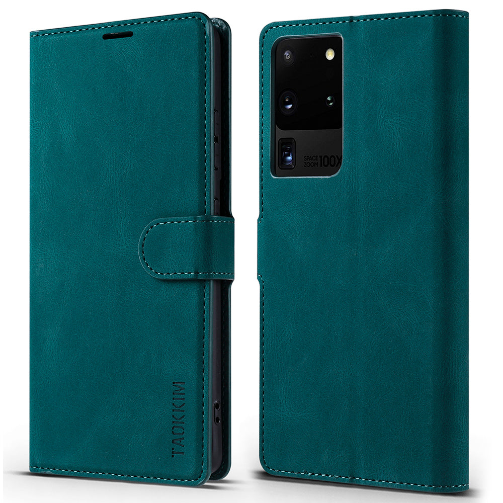 TAOKKIM Protective Leather Wallet Case Drop-resistant Phone Cover with Stand for Samsung Galaxy S20 Ultra - Green