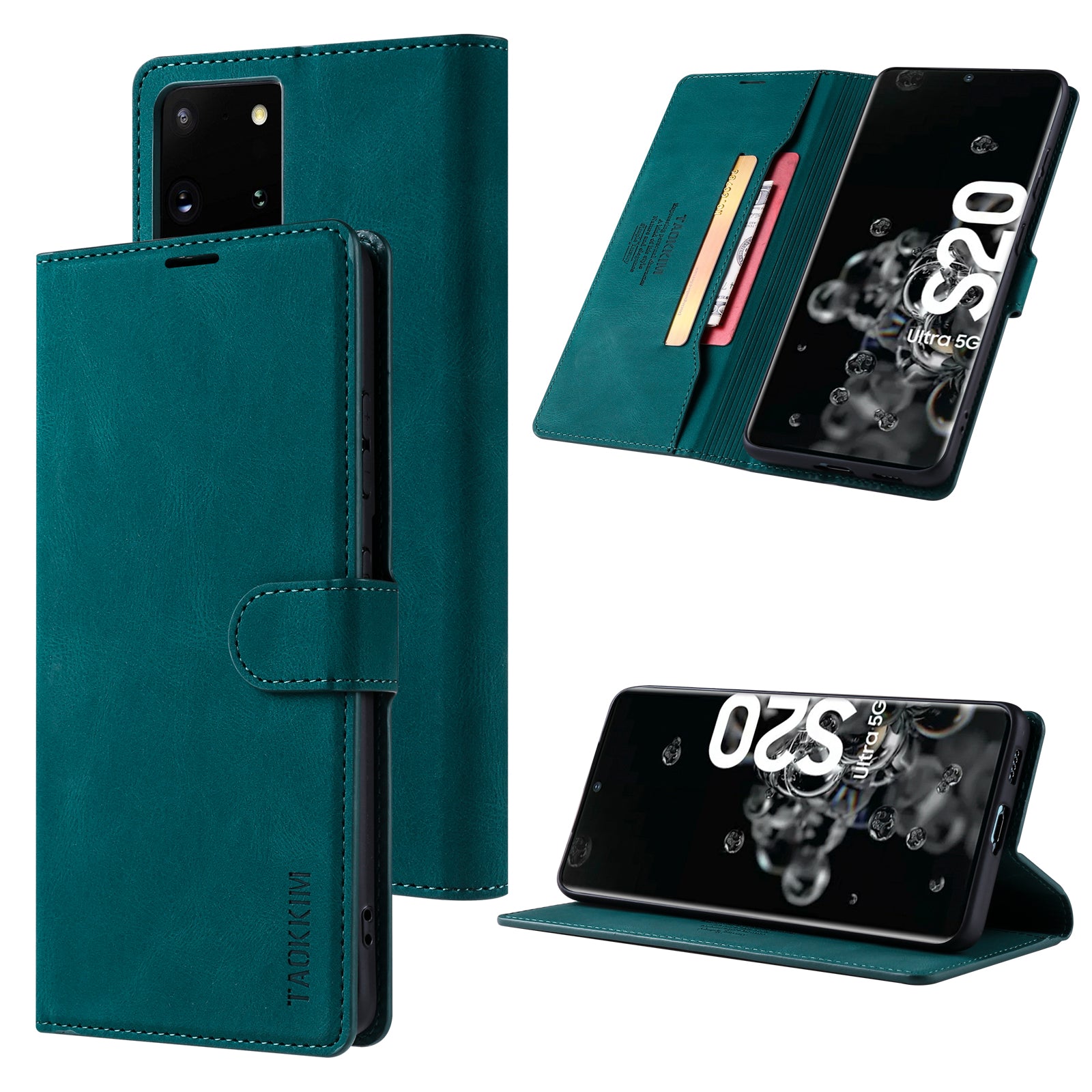 TAOKKIM Protective Leather Wallet Case Drop-resistant Phone Cover with Stand for Samsung Galaxy S20 Ultra - Green