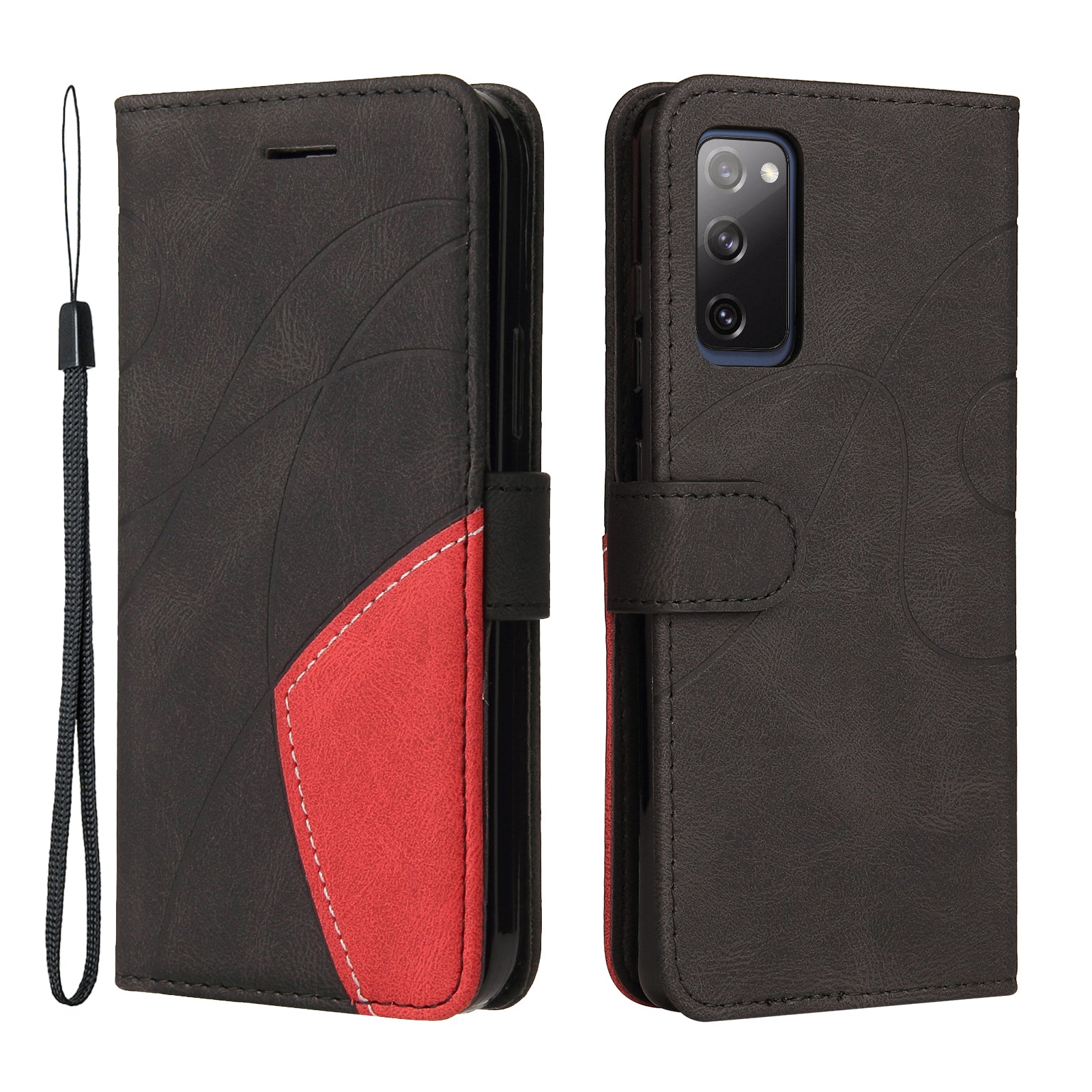 KT Leather Series-1 Bi-color Splicing Design Wallet Stand Leather Shell Cover with Strap for Samsung Galaxy S20 FE 2022/S20 FE 4G/S20 FE 5G/S20 Lite - Black