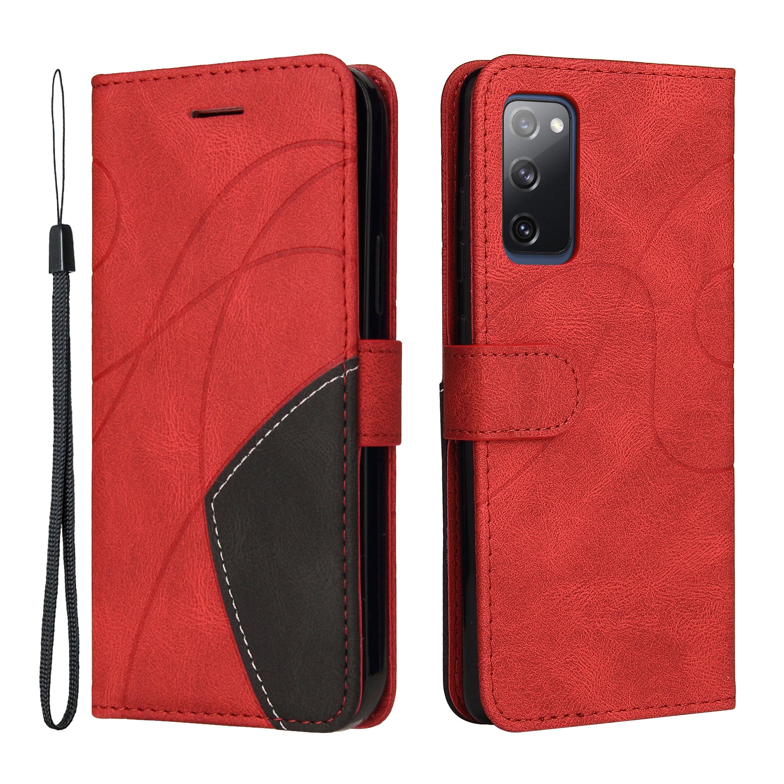 KT Leather Series-1 Bi-color Splicing Design Wallet Stand Leather Shell Cover with Strap for Samsung Galaxy S20 FE 2022/S20 FE 4G/S20 FE 5G/S20 Lite - Red