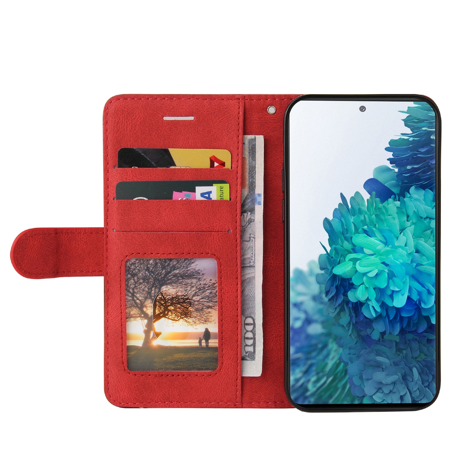 KT Leather Series-1 Bi-color Splicing Design Wallet Stand Leather Shell Cover with Strap for Samsung Galaxy S20 FE 2022/S20 FE 4G/S20 FE 5G/S20 Lite - Red