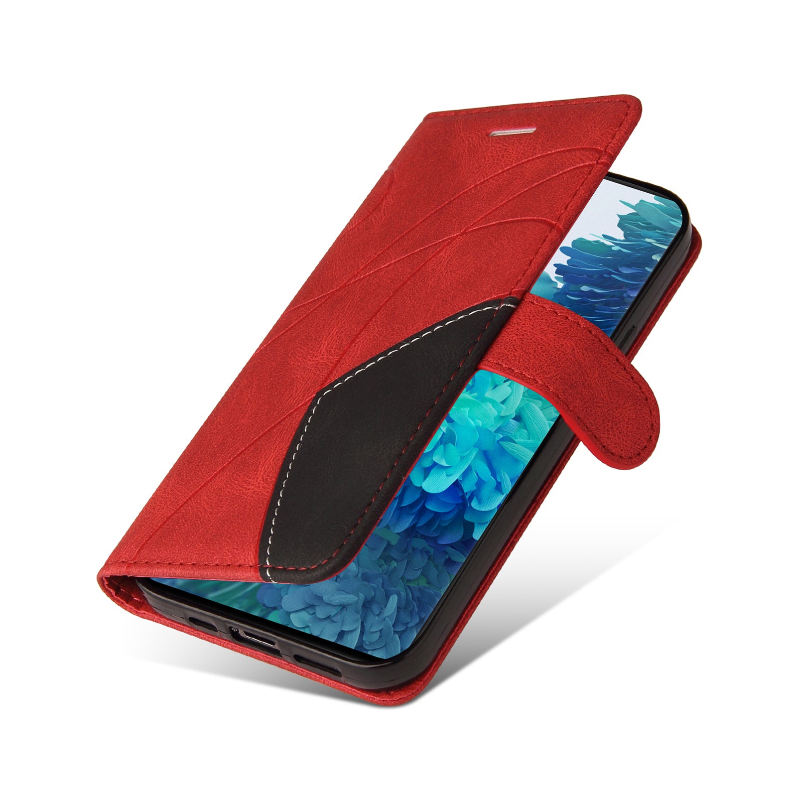 KT Leather Series-1 Bi-color Splicing Design Wallet Stand Leather Shell Cover with Strap for Samsung Galaxy S20 FE 2022/S20 FE 4G/S20 FE 5G/S20 Lite - Red