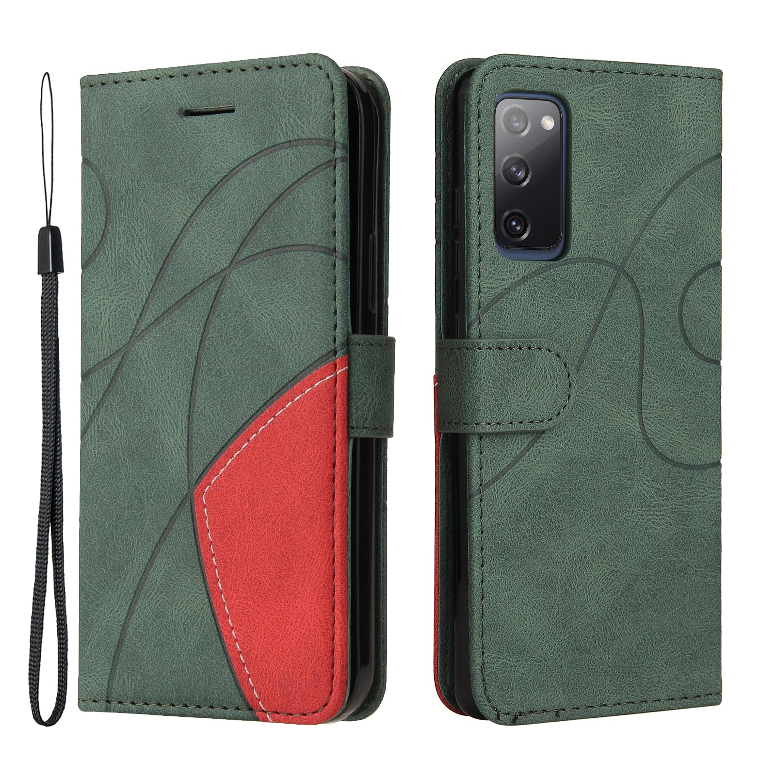 KT Leather Series-1 Bi-color Splicing Design Wallet Stand Leather Shell Cover with Strap for Samsung Galaxy S20 FE 2022/S20 FE 4G/S20 FE 5G/S20 Lite - Green