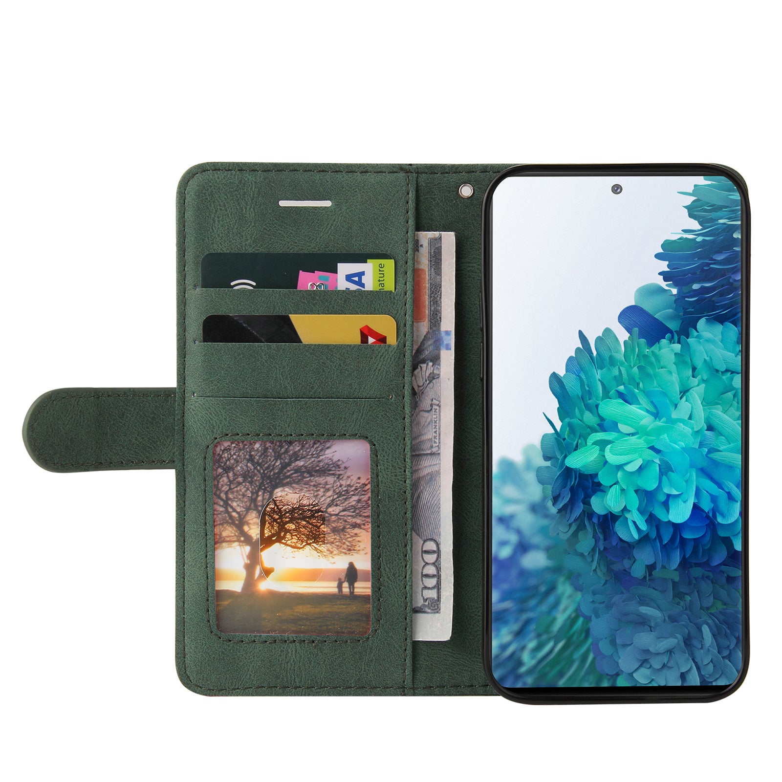 KT Leather Series-1 Bi-color Splicing Design Wallet Stand Leather Shell Cover with Strap for Samsung Galaxy S20 FE 2022/S20 FE 4G/S20 FE 5G/S20 Lite - Green