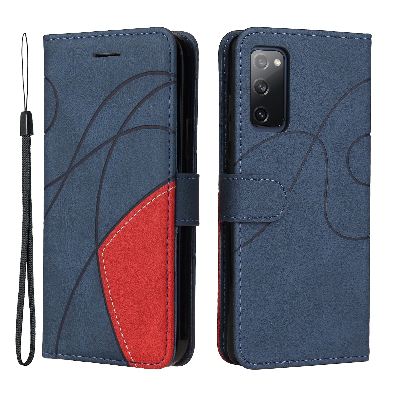 KT Leather Series-1 Bi-color Splicing Design Wallet Stand Leather Shell Cover with Strap for Samsung Galaxy S20 FE 2022/S20 FE 4G/S20 FE 5G/S20 Lite - Blue