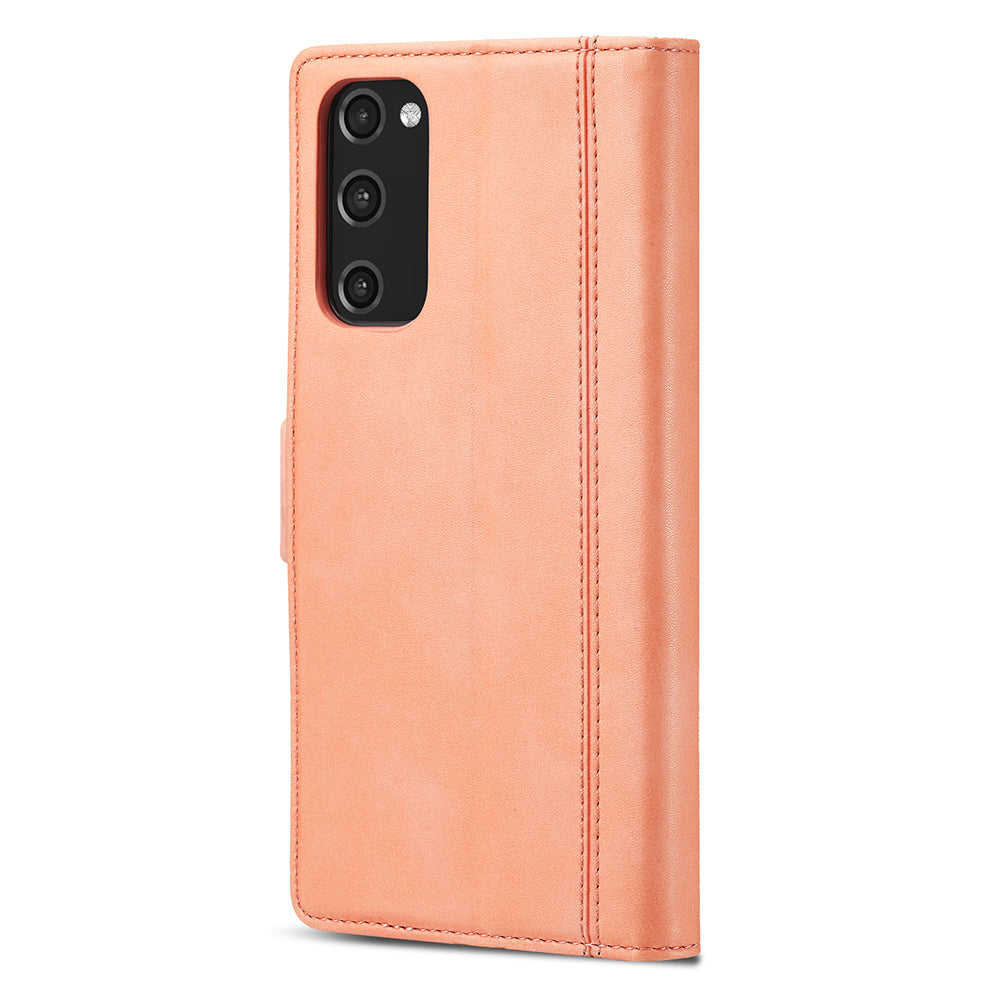 LC.IMEEKE Stand Feature PU Leather Wallet Case Flip Folio Cover with Card Slots and Magnetic Buckle for Samsung Galaxy S20 Plus - Orange