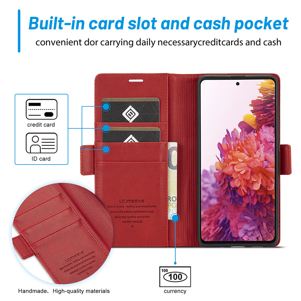 LC.IMEEKE Stand Feature PU Leather Wallet Case Flip Folio Cover with Card Slots and Magnetic Buckle for Samsung Galaxy S20 Plus - Red