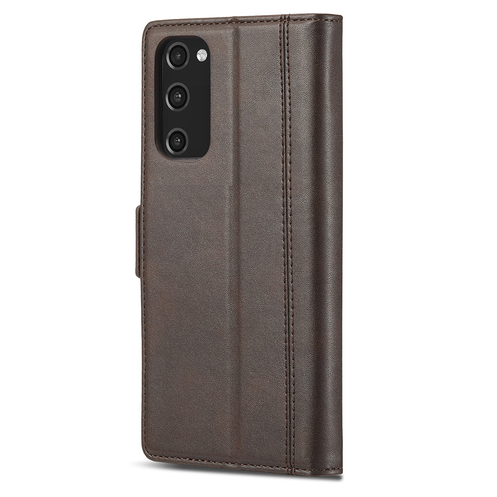 LC.IMEEKE Stand Feature PU Leather Wallet Case Flip Folio Cover with Card Slots and Magnetic Buckle for Samsung Galaxy S20 Plus - Brown