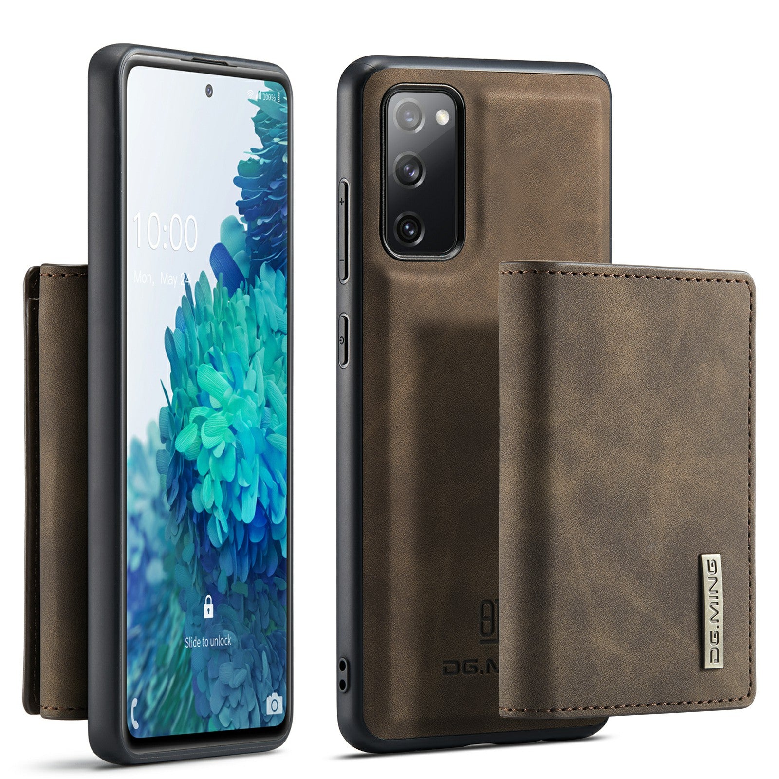 DG.MING M1 Series Magnetic Tri-Fold Wallet + Leather Coated Hybrid Cover Shell with Kickstand for Samsung Galaxy S20 FE 2022/S20 FE 4G/S20 FE 5G/S20 Lite - Coffee