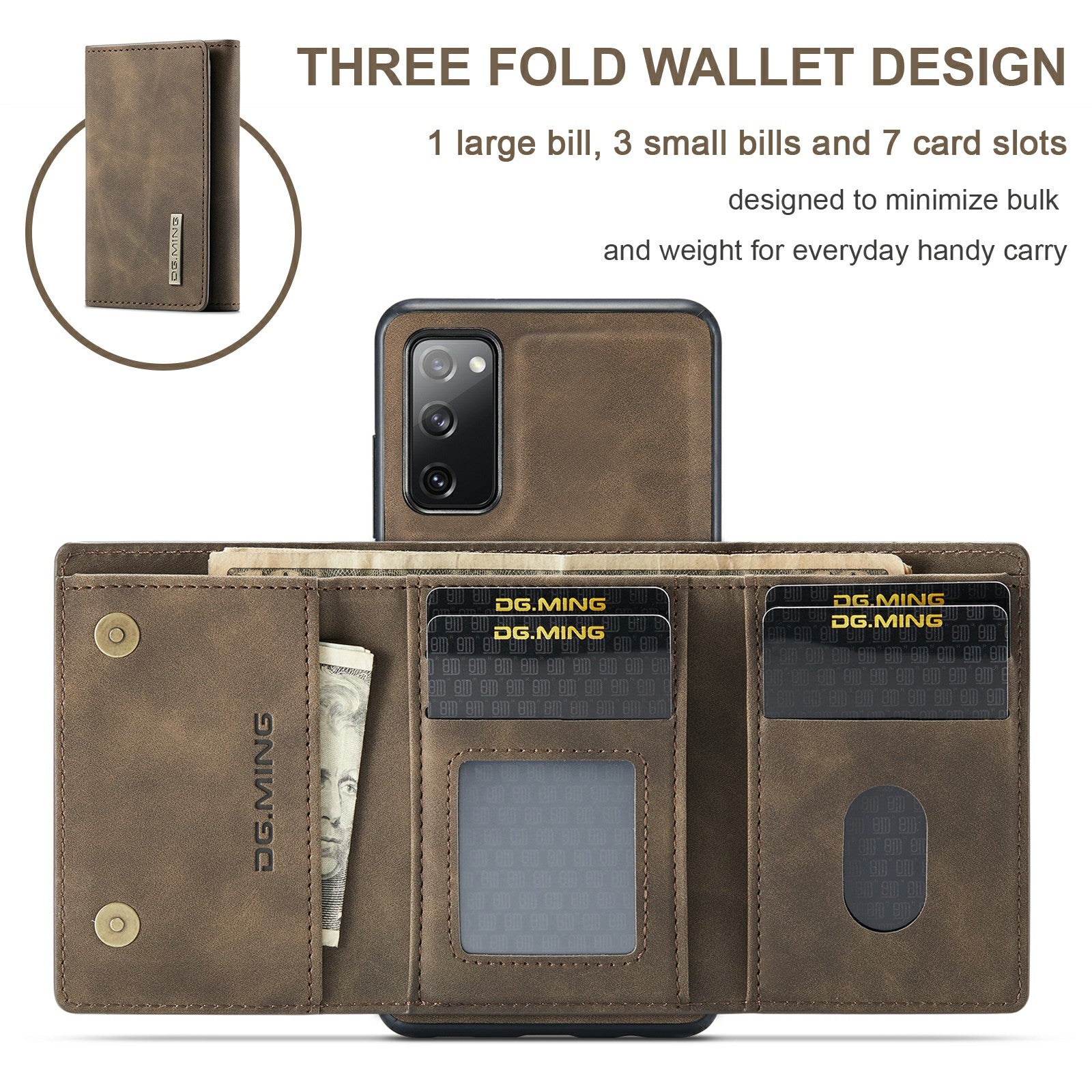 DG.MING M1 Series Magnetic Tri-Fold Wallet + Leather Coated Hybrid Cover Shell with Kickstand for Samsung Galaxy S20 FE 2022/S20 FE 4G/S20 FE 5G/S20 Lite - Coffee