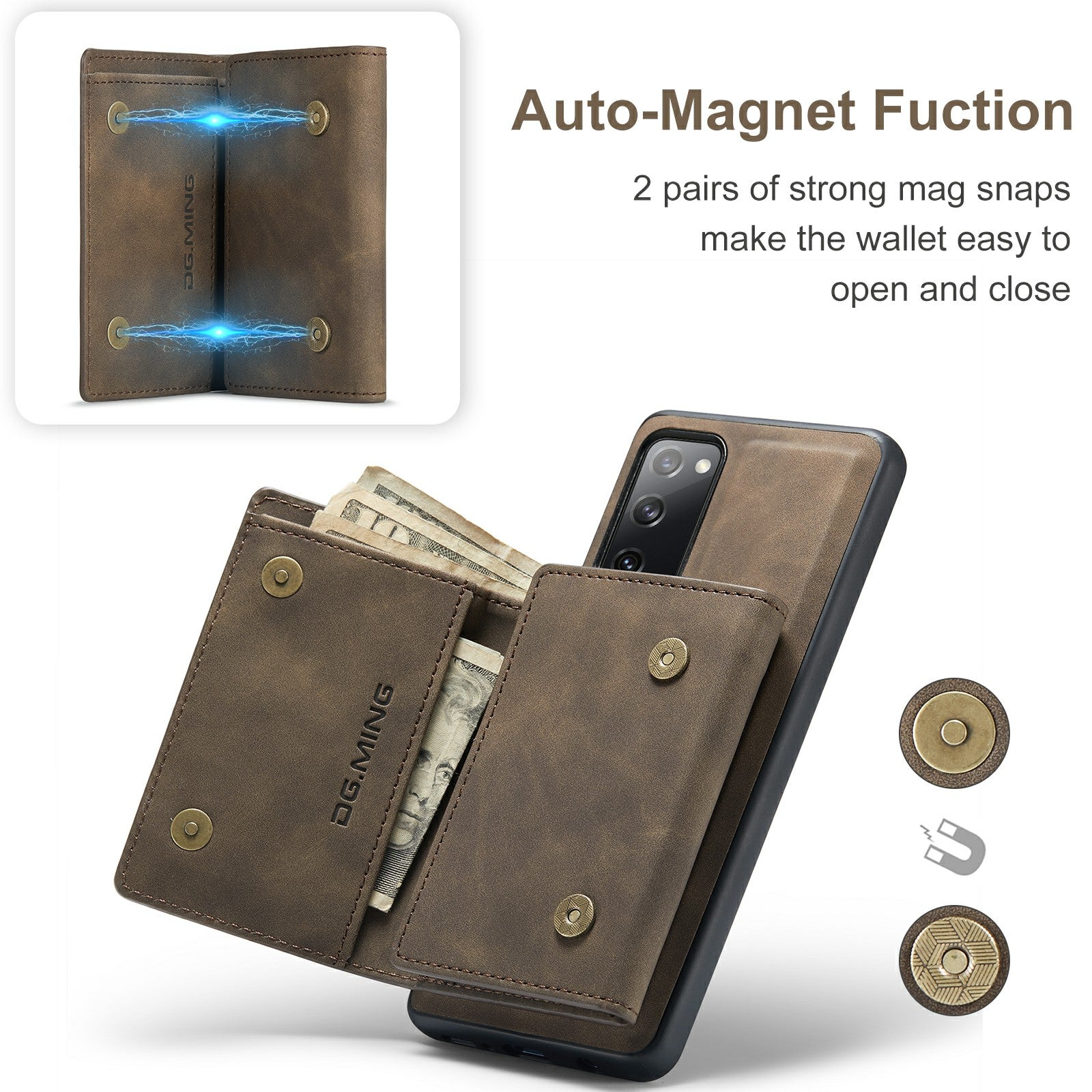 DG.MING M1 Series Magnetic Tri-Fold Wallet + Leather Coated Hybrid Cover Shell with Kickstand for Samsung Galaxy S20 FE 2022/S20 FE 4G/S20 FE 5G/S20 Lite - Coffee