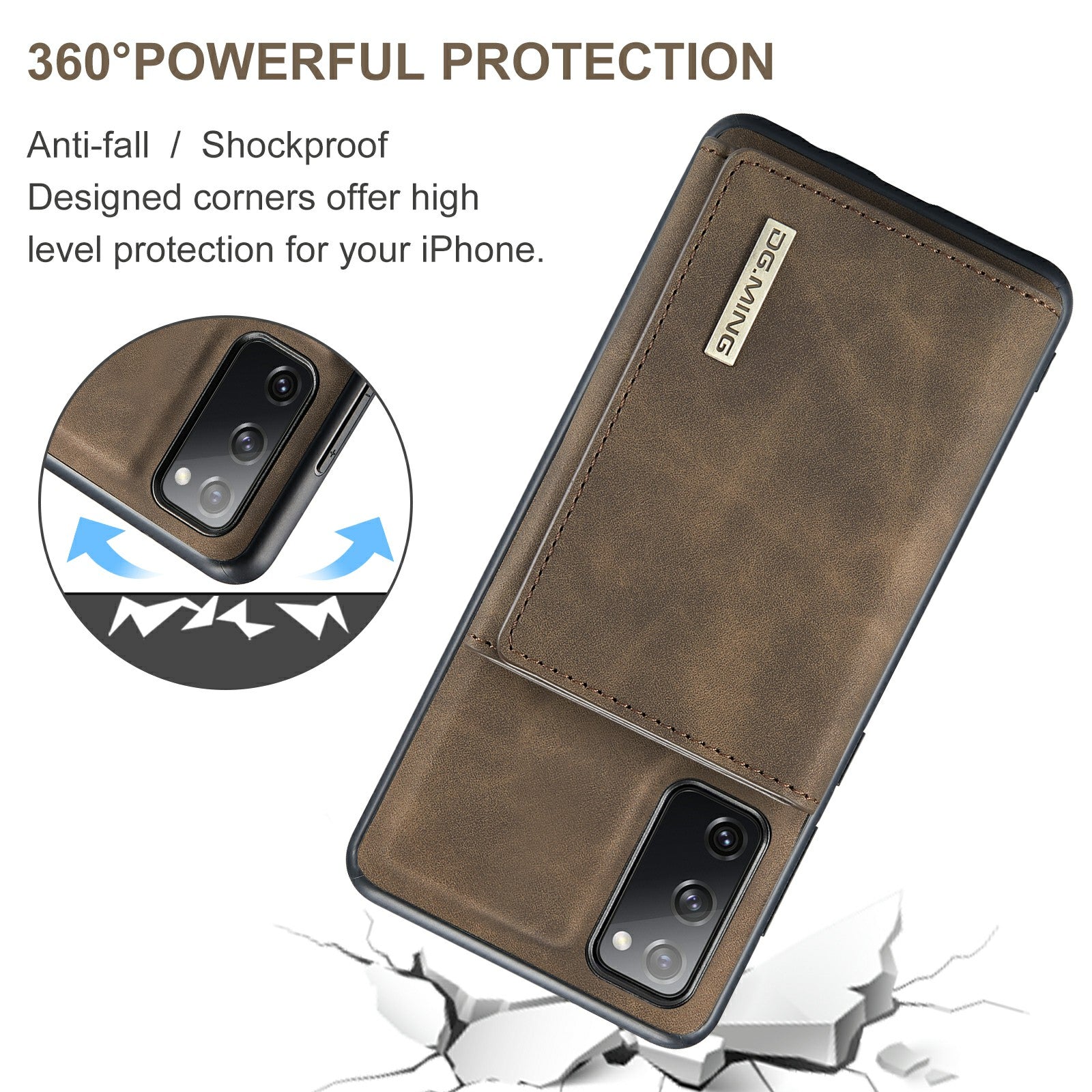 DG.MING M1 Series Magnetic Tri-Fold Wallet + Leather Coated Hybrid Cover Shell with Kickstand for Samsung Galaxy S20 FE 2022/S20 FE 4G/S20 FE 5G/S20 Lite - Coffee