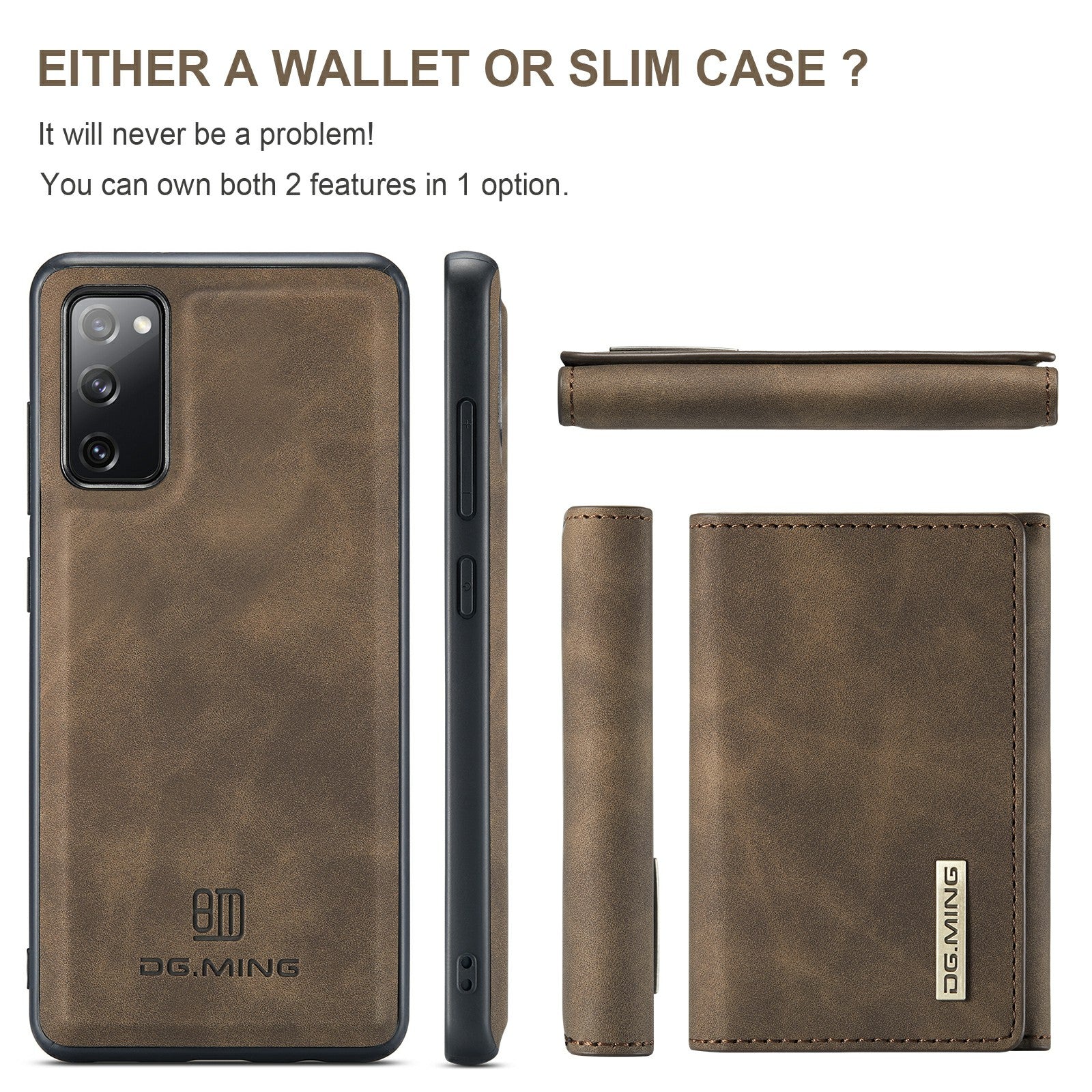 DG.MING M1 Series Magnetic Tri-Fold Wallet + Leather Coated Hybrid Cover Shell with Kickstand for Samsung Galaxy S20 FE 2022/S20 FE 4G/S20 FE 5G/S20 Lite - Coffee