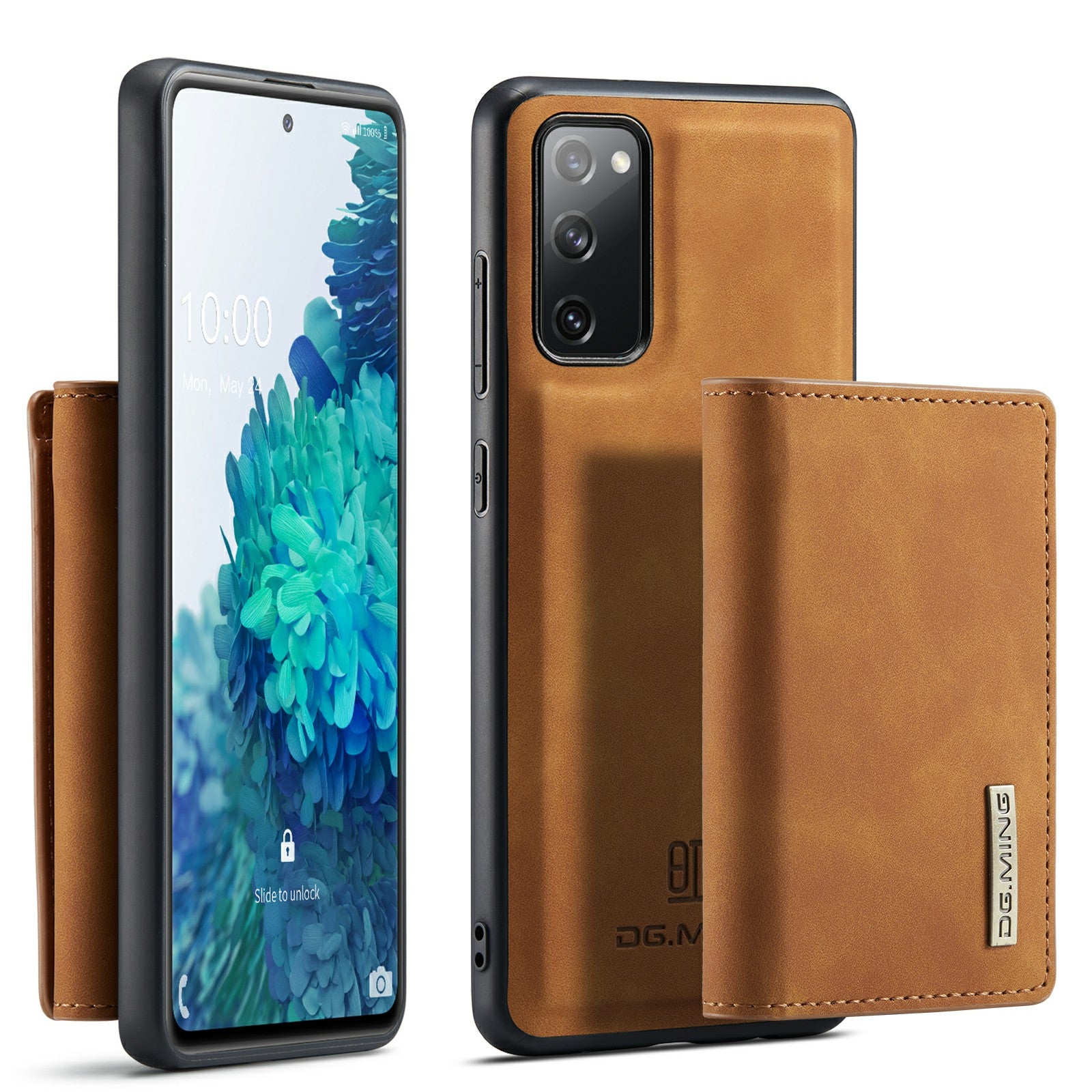 DG.MING M1 Series Magnetic Tri-Fold Wallet + Leather Coated Hybrid Cover Shell with Kickstand for Samsung Galaxy S20 FE 2022/S20 FE 4G/S20 FE 5G/S20 Lite - Brown