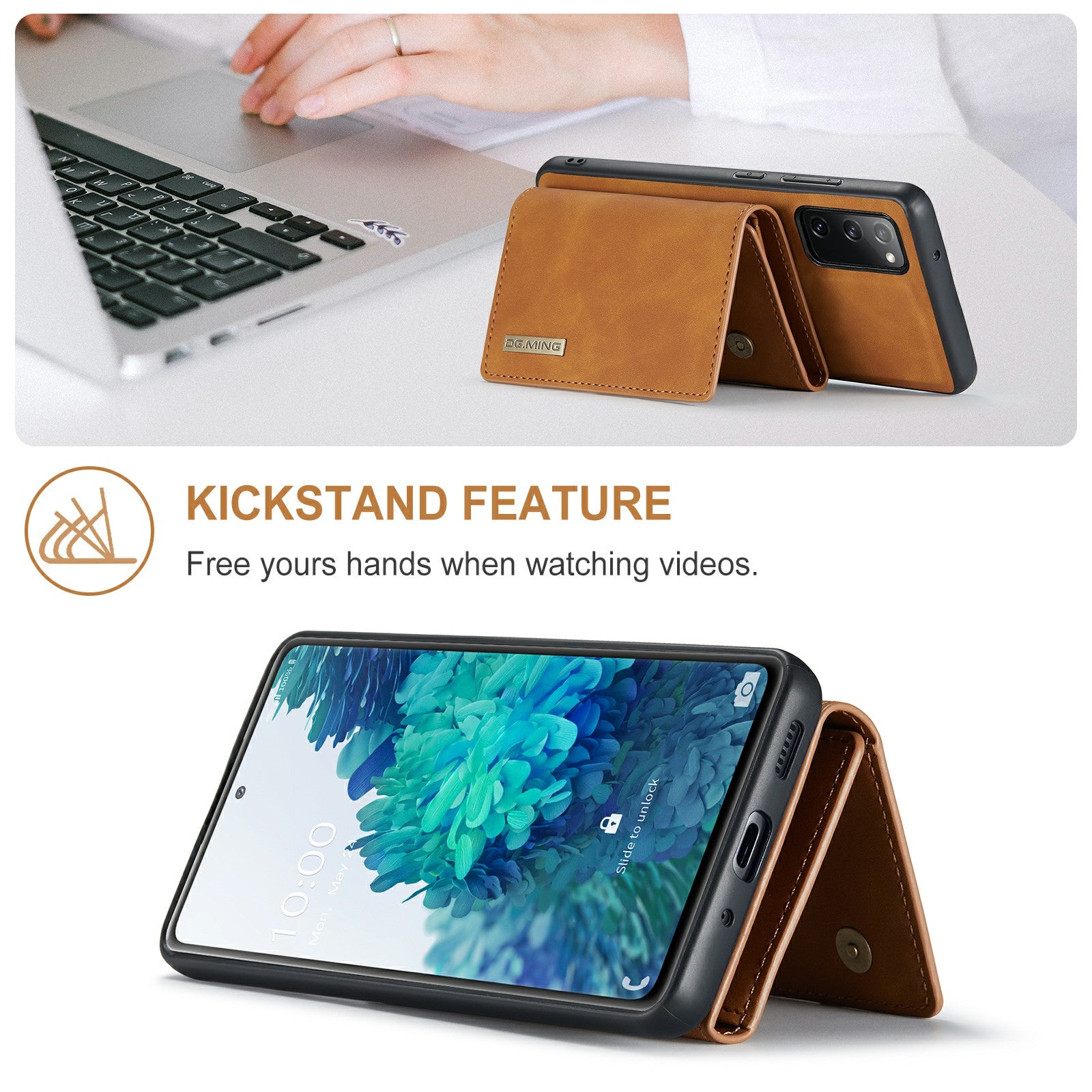 DG.MING M1 Series Magnetic Tri-Fold Wallet + Leather Coated Hybrid Cover Shell with Kickstand for Samsung Galaxy S20 FE 2022/S20 FE 4G/S20 FE 5G/S20 Lite - Brown