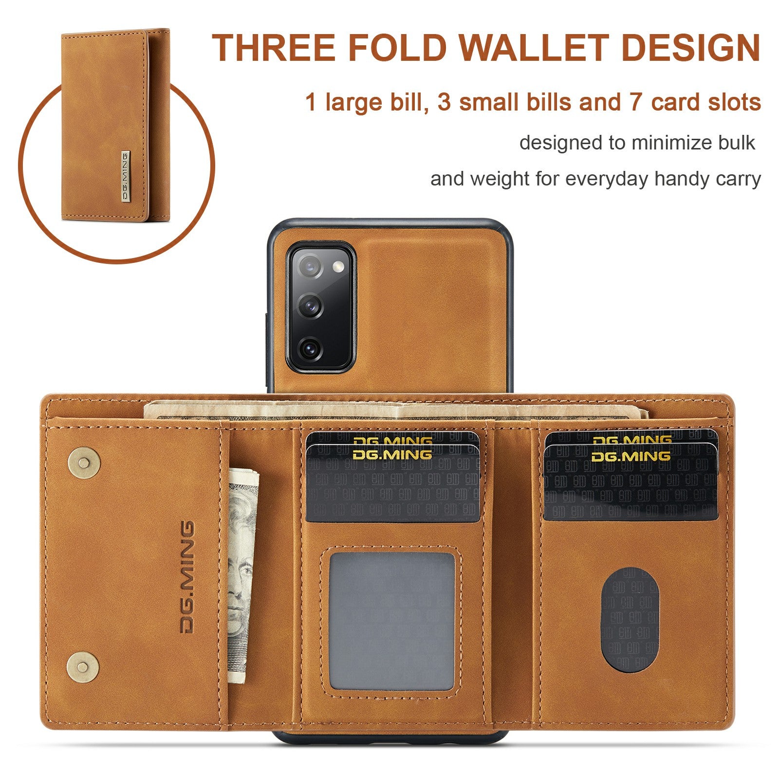 DG.MING M1 Series Magnetic Tri-Fold Wallet + Leather Coated Hybrid Cover Shell with Kickstand for Samsung Galaxy S20 FE 2022/S20 FE 4G/S20 FE 5G/S20 Lite - Brown