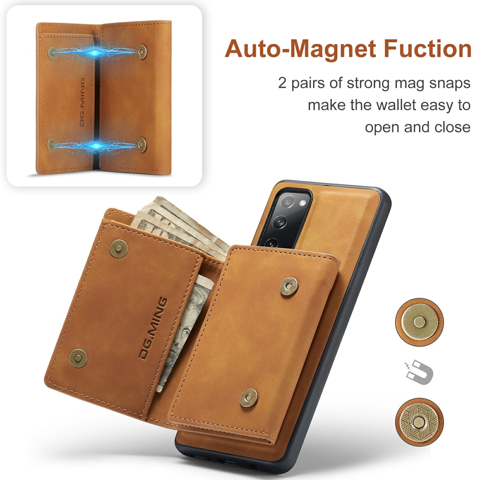 DG.MING M1 Series Magnetic Tri-Fold Wallet + Leather Coated Hybrid Cover Shell with Kickstand for Samsung Galaxy S20 FE 2022/S20 FE 4G/S20 FE 5G/S20 Lite - Brown