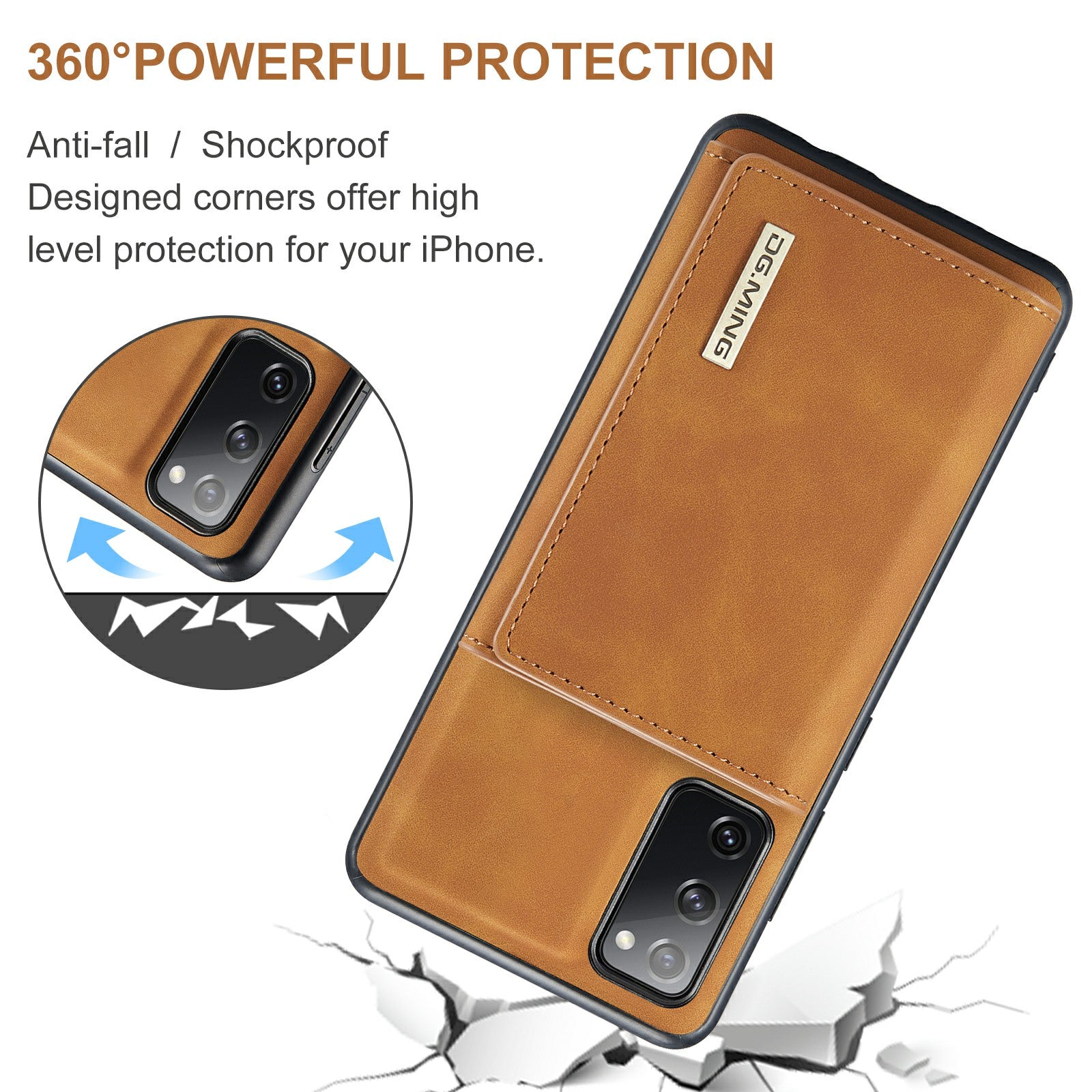 DG.MING M1 Series Magnetic Tri-Fold Wallet + Leather Coated Hybrid Cover Shell with Kickstand for Samsung Galaxy S20 FE 2022/S20 FE 4G/S20 FE 5G/S20 Lite - Brown