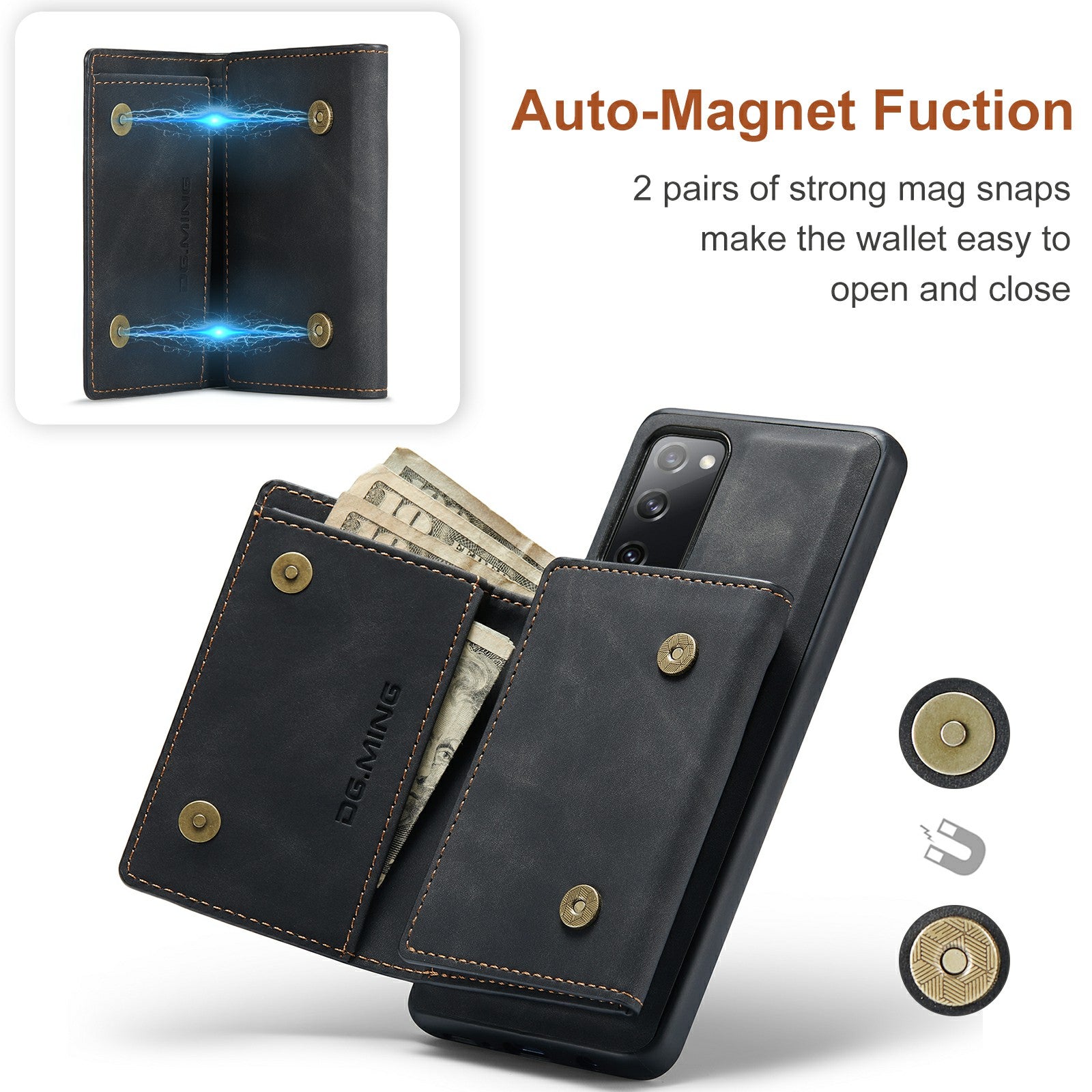 DG.MING M1 Series Magnetic Tri-Fold Wallet + Leather Coated Hybrid Cover Shell with Kickstand for Samsung Galaxy S20 FE 2022/S20 FE 4G/S20 FE 5G/S20 Lite - Black