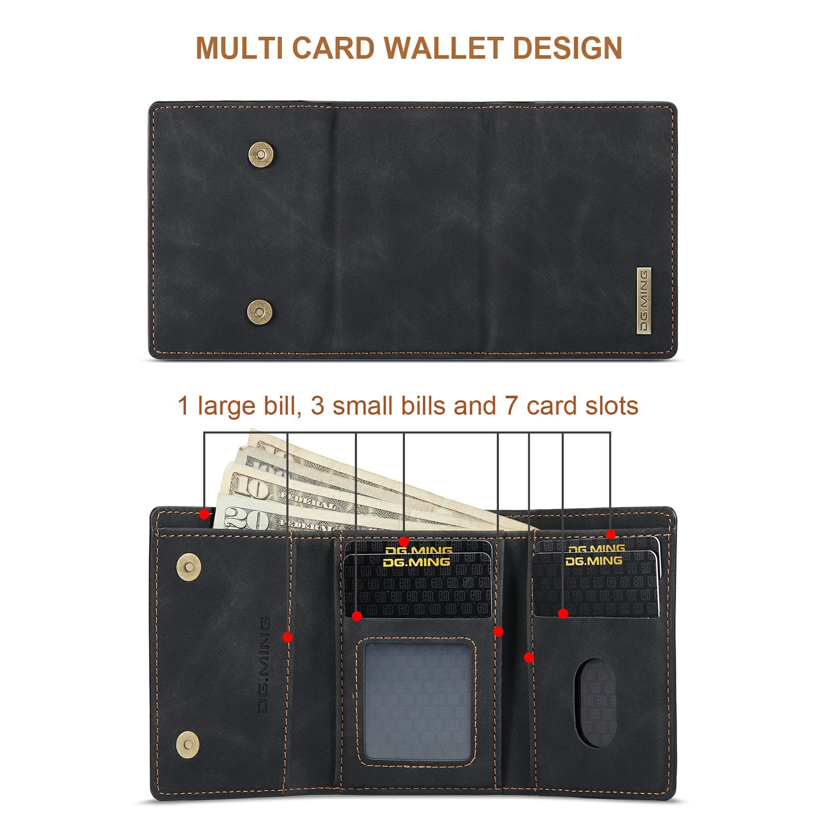 DG.MING M1 Series Magnetic Tri-Fold Wallet + Leather Coated Hybrid Cover Shell with Kickstand for Samsung Galaxy S20 FE 2022/S20 FE 4G/S20 FE 5G/S20 Lite - Black