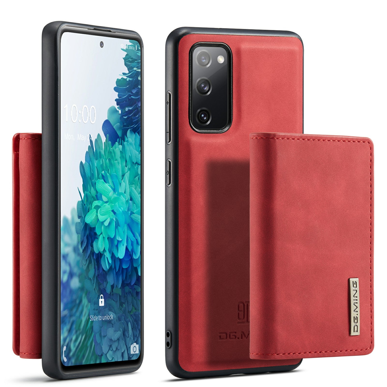 DG.MING M1 Series Magnetic Tri-Fold Wallet + Leather Coated Hybrid Cover Shell with Kickstand for Samsung Galaxy S20 FE 2022/S20 FE 4G/S20 FE 5G/S20 Lite - Red