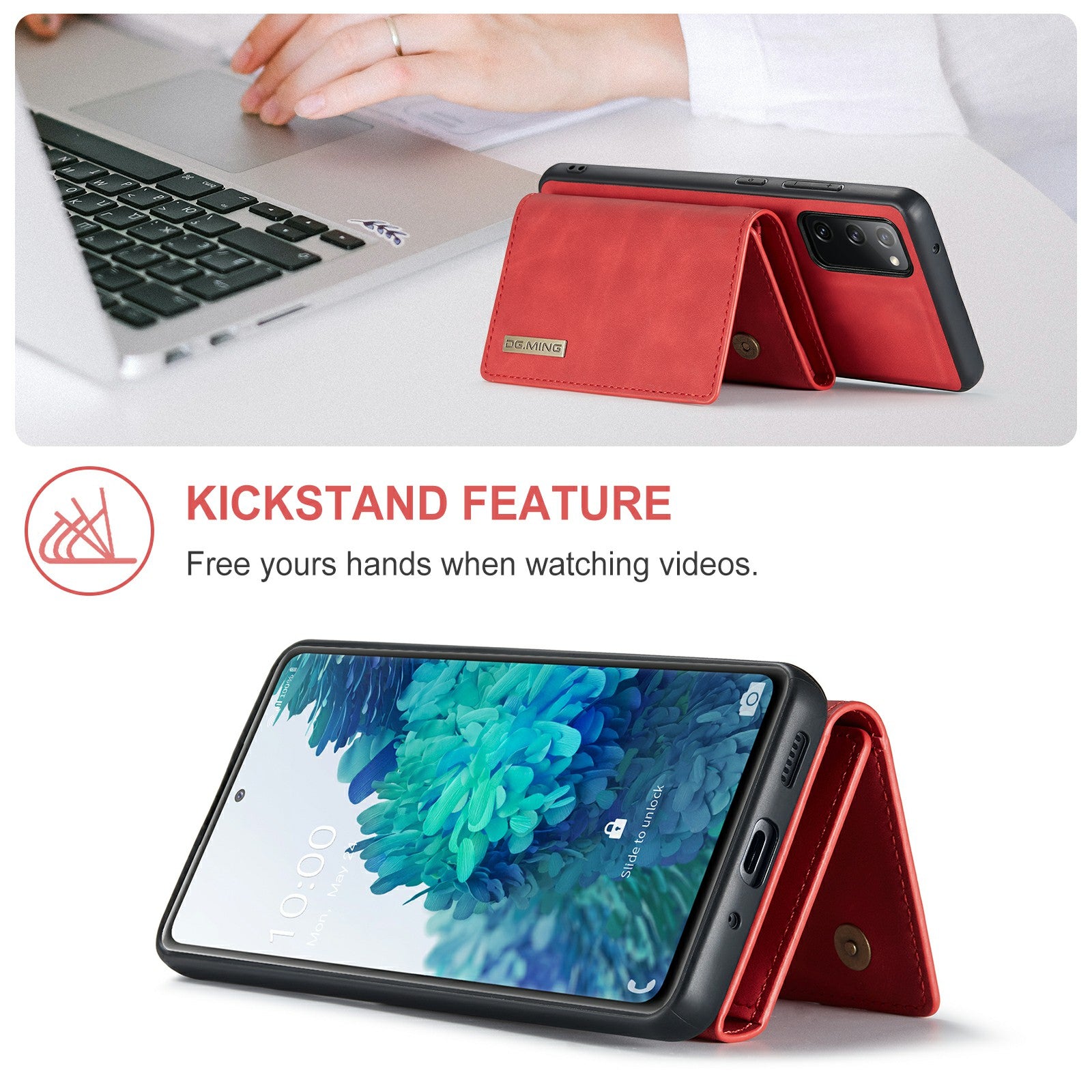 DG.MING M1 Series Magnetic Tri-Fold Wallet + Leather Coated Hybrid Cover Shell with Kickstand for Samsung Galaxy S20 FE 2022/S20 FE 4G/S20 FE 5G/S20 Lite - Red