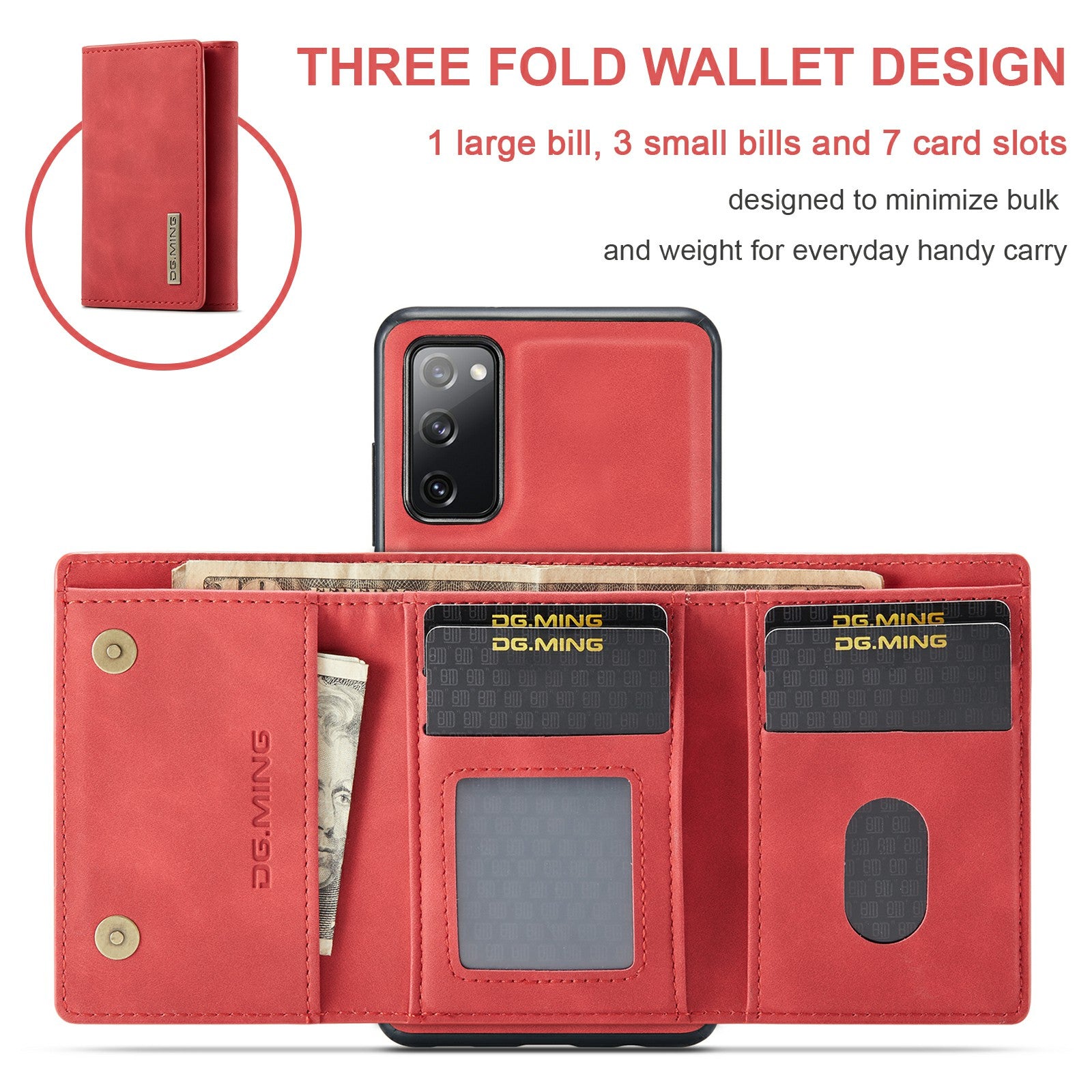 DG.MING M1 Series Magnetic Tri-Fold Wallet + Leather Coated Hybrid Cover Shell with Kickstand for Samsung Galaxy S20 FE 2022/S20 FE 4G/S20 FE 5G/S20 Lite - Red