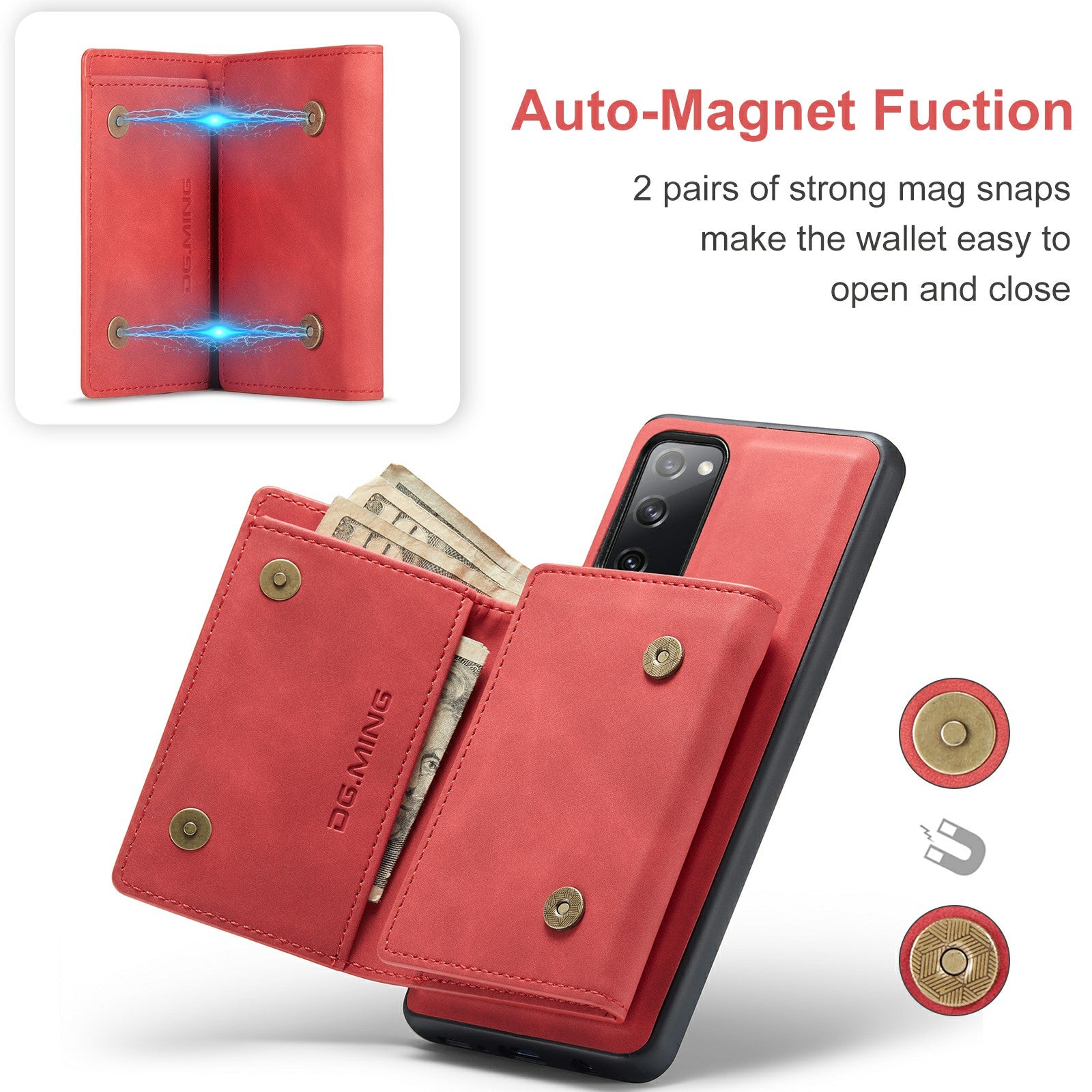 DG.MING M1 Series Magnetic Tri-Fold Wallet + Leather Coated Hybrid Cover Shell with Kickstand for Samsung Galaxy S20 FE 2022/S20 FE 4G/S20 FE 5G/S20 Lite - Red