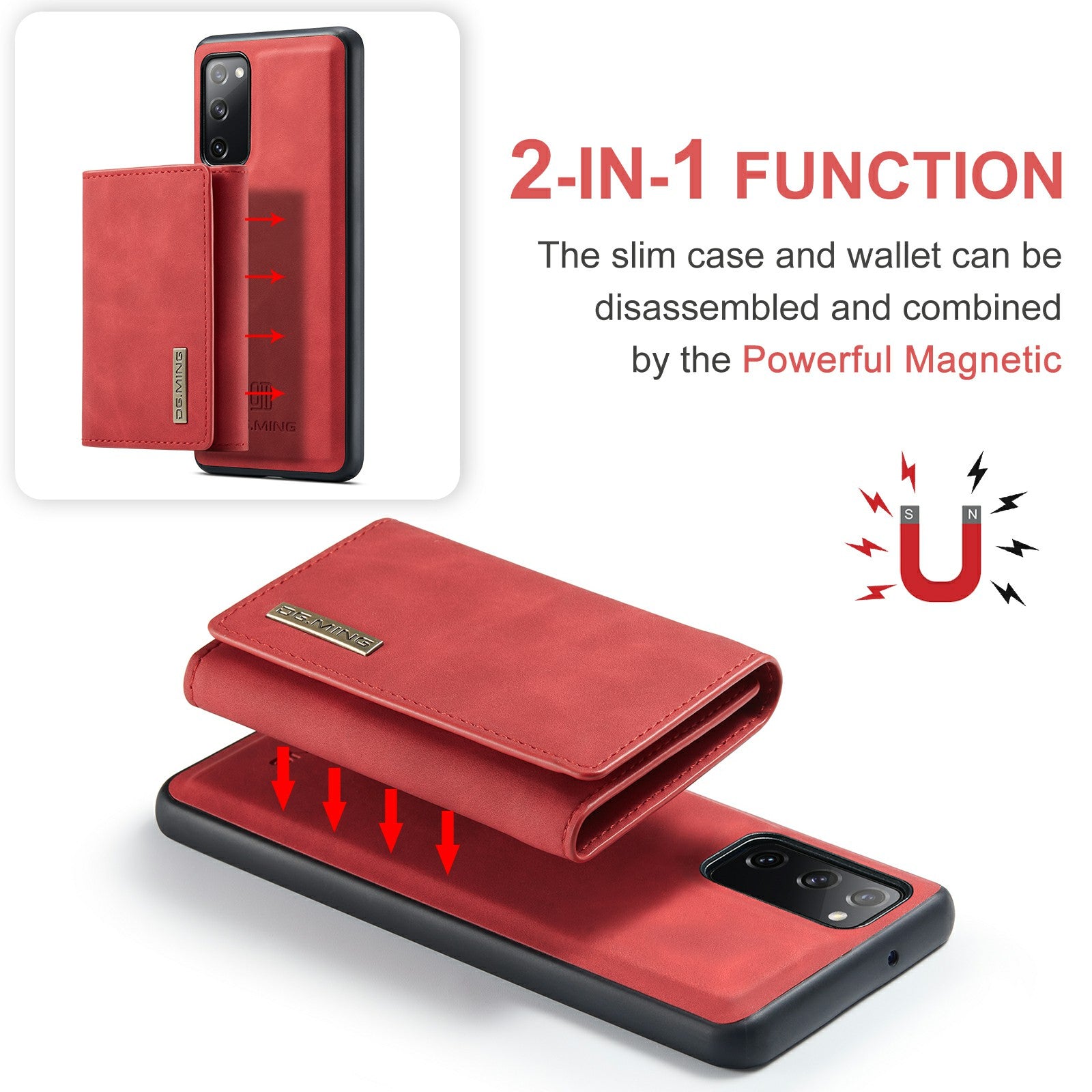 DG.MING M1 Series Magnetic Tri-Fold Wallet + Leather Coated Hybrid Cover Shell with Kickstand for Samsung Galaxy S20 FE 2022/S20 FE 4G/S20 FE 5G/S20 Lite - Red