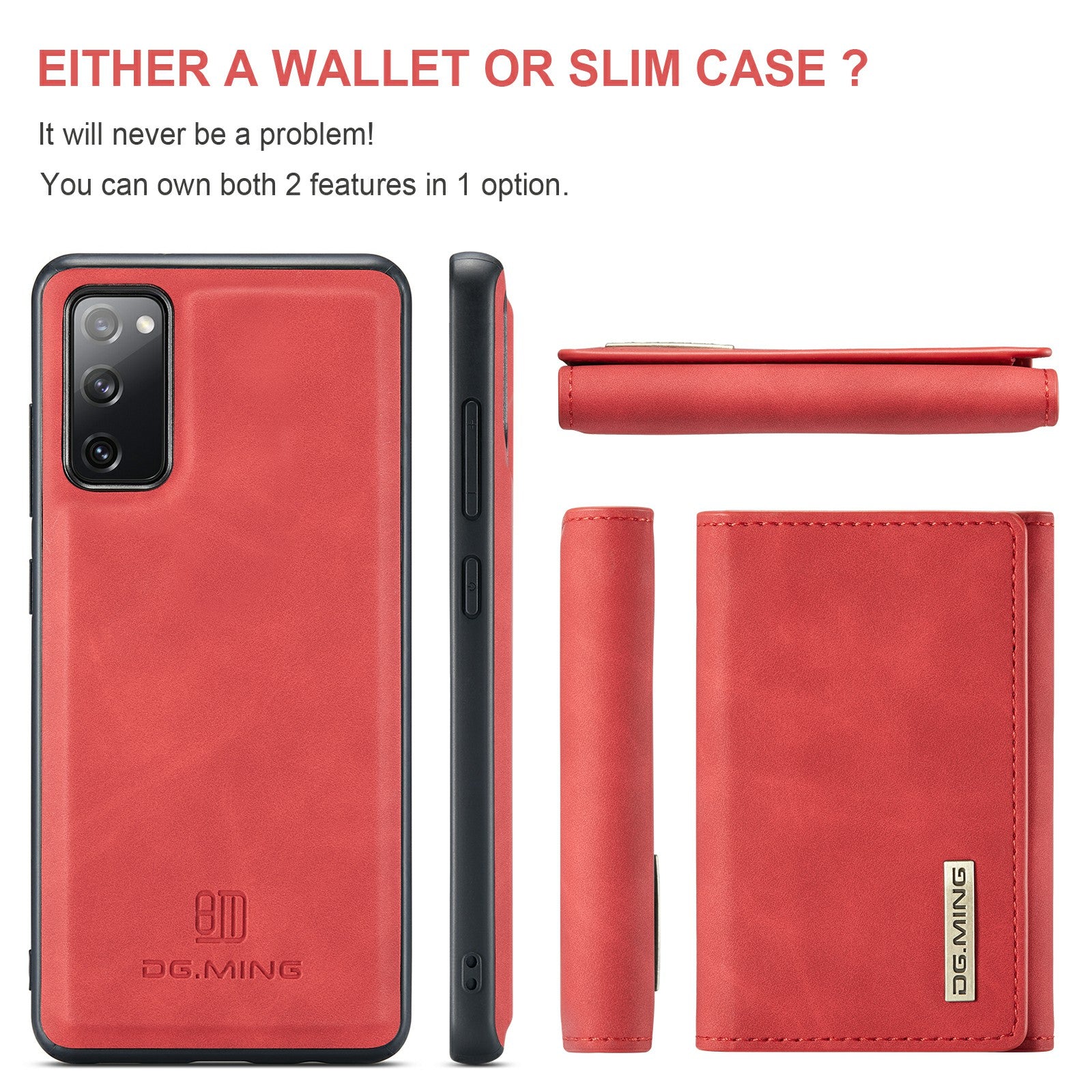 DG.MING M1 Series Magnetic Tri-Fold Wallet + Leather Coated Hybrid Cover Shell with Kickstand for Samsung Galaxy S20 FE 2022/S20 FE 4G/S20 FE 5G/S20 Lite - Red