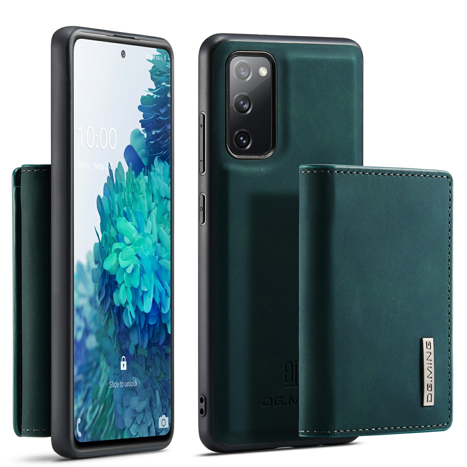 DG.MING M1 Series Magnetic Tri-Fold Wallet + Leather Coated Hybrid Cover Shell with Kickstand for Samsung Galaxy S20 FE 2022/S20 FE 4G/S20 FE 5G/S20 Lite - Green