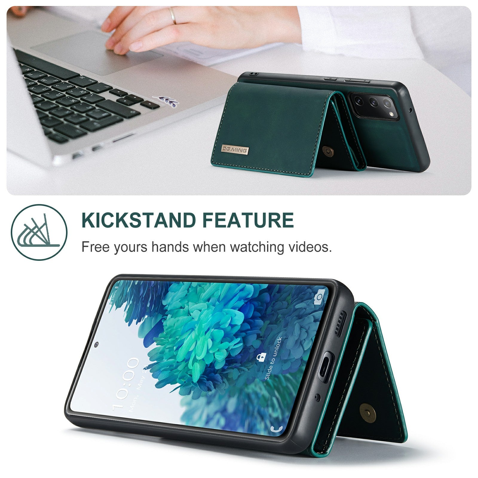 DG.MING M1 Series Magnetic Tri-Fold Wallet + Leather Coated Hybrid Cover Shell with Kickstand for Samsung Galaxy S20 FE 2022/S20 FE 4G/S20 FE 5G/S20 Lite - Green