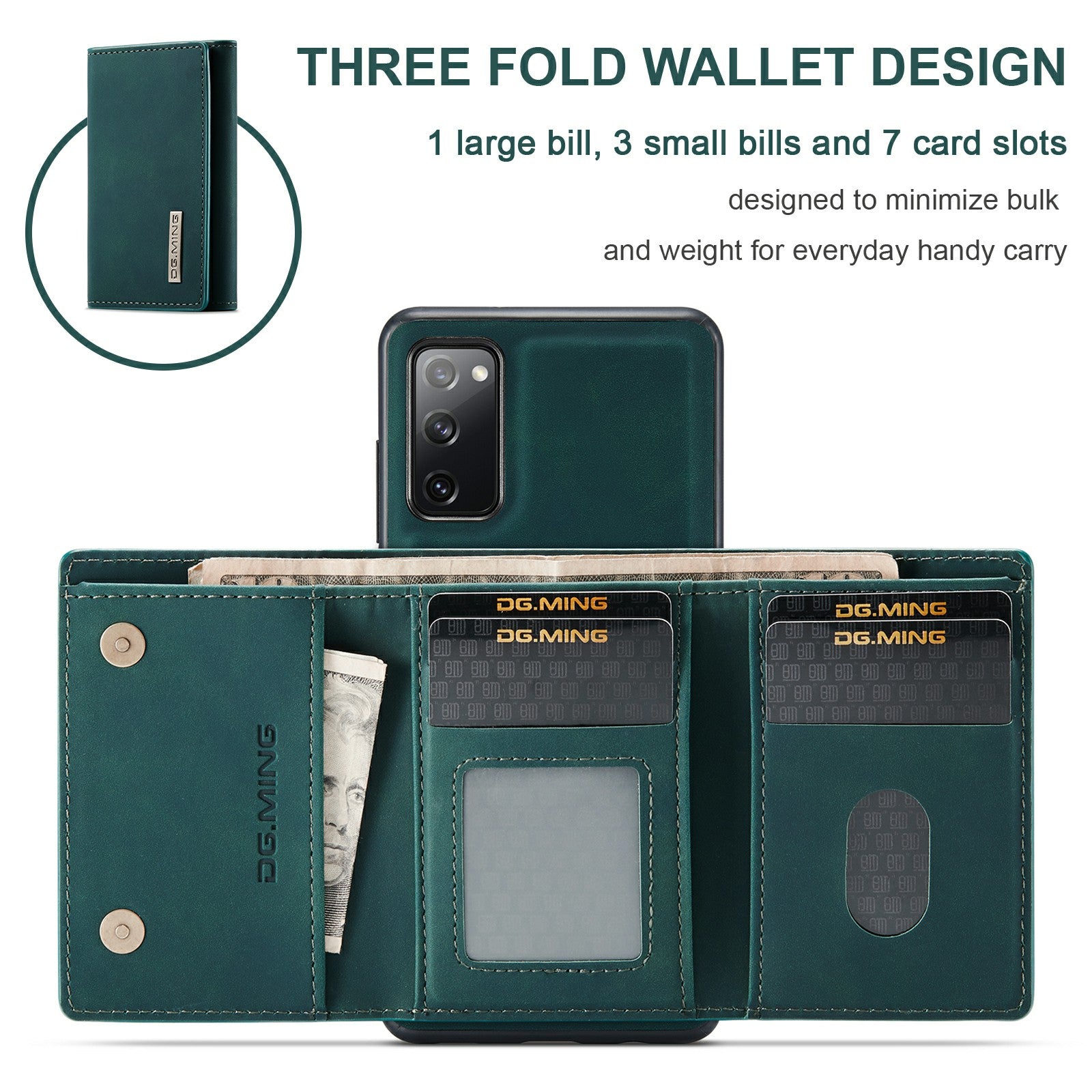 DG.MING M1 Series Magnetic Tri-Fold Wallet + Leather Coated Hybrid Cover Shell with Kickstand for Samsung Galaxy S20 FE 2022/S20 FE 4G/S20 FE 5G/S20 Lite - Green