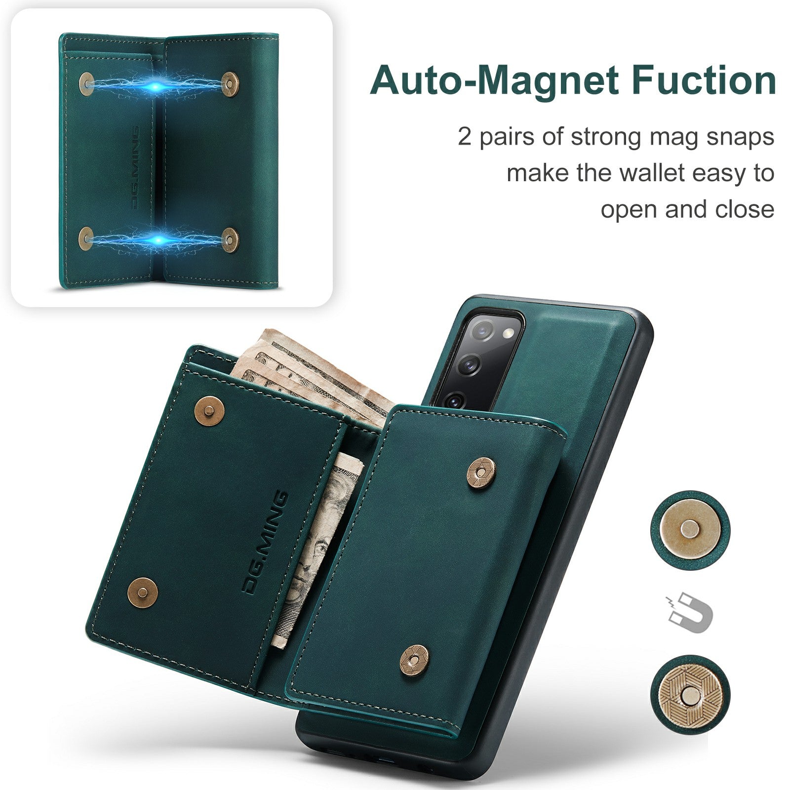 DG.MING M1 Series Magnetic Tri-Fold Wallet + Leather Coated Hybrid Cover Shell with Kickstand for Samsung Galaxy S20 FE 2022/S20 FE 4G/S20 FE 5G/S20 Lite - Green