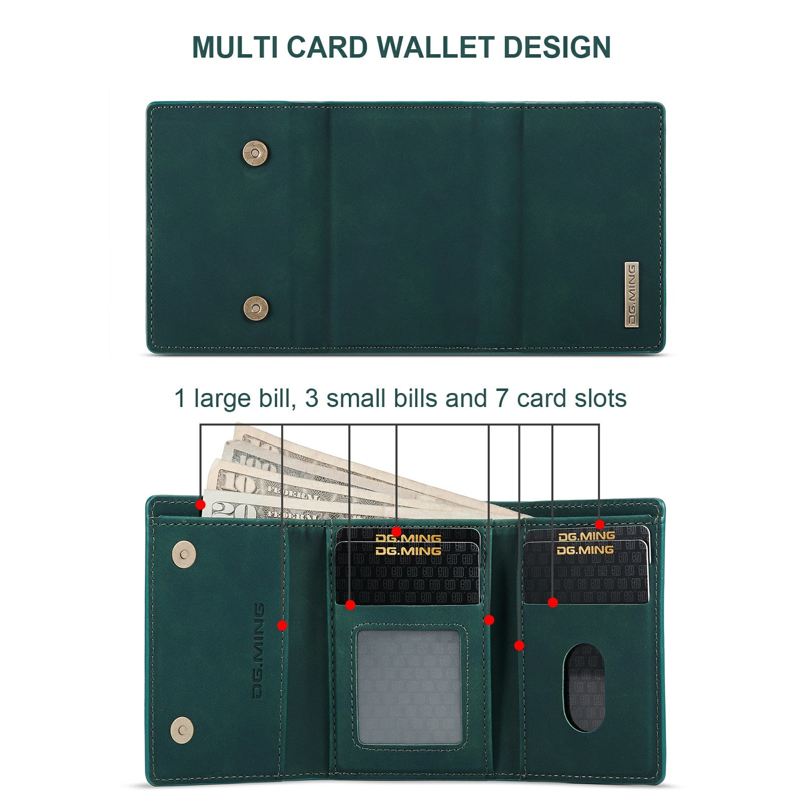 DG.MING M1 Series Magnetic Tri-Fold Wallet + Leather Coated Hybrid Cover Shell with Kickstand for Samsung Galaxy S20 FE 2022/S20 FE 4G/S20 FE 5G/S20 Lite - Green