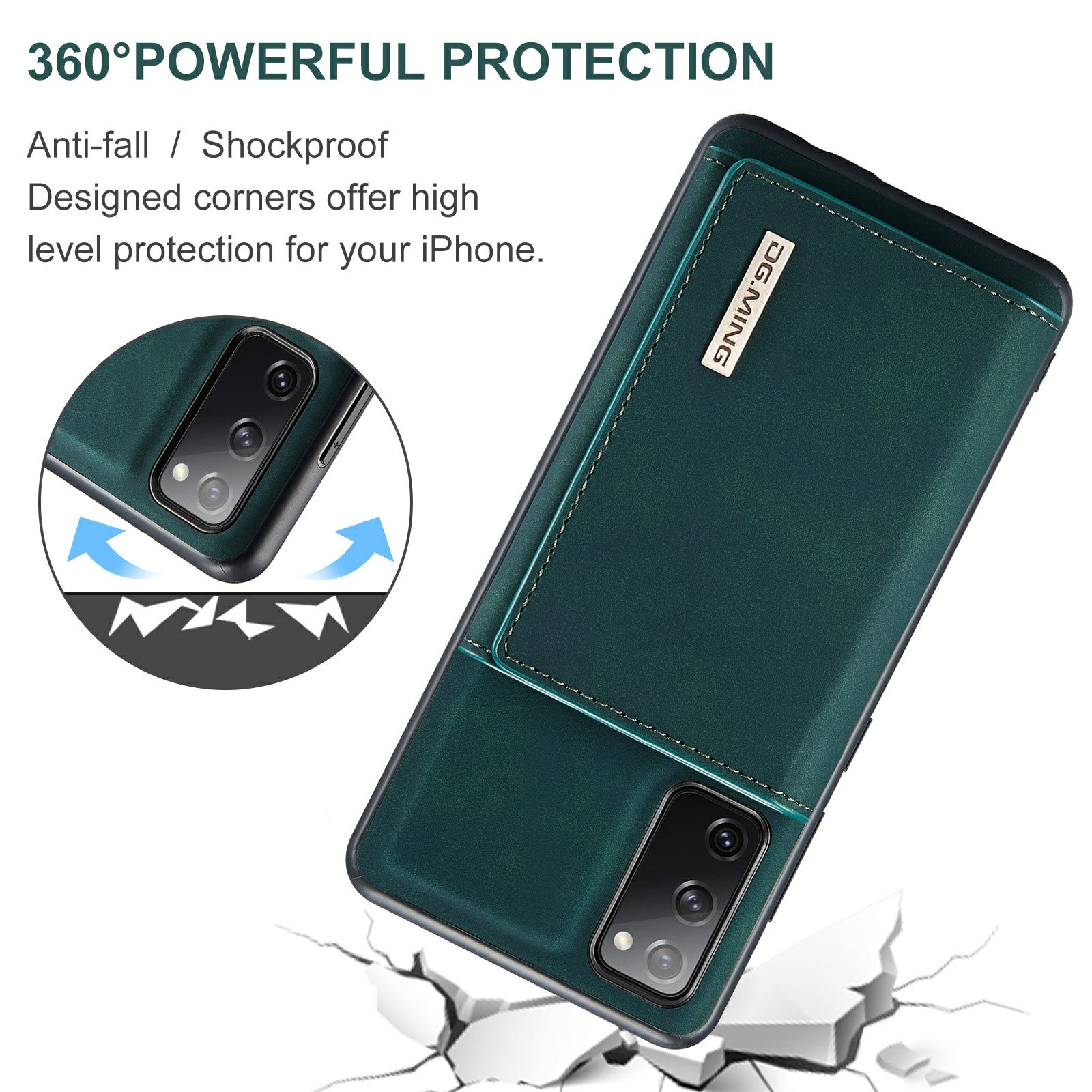 DG.MING M1 Series Magnetic Tri-Fold Wallet + Leather Coated Hybrid Cover Shell with Kickstand for Samsung Galaxy S20 FE 2022/S20 FE 4G/S20 FE 5G/S20 Lite - Green