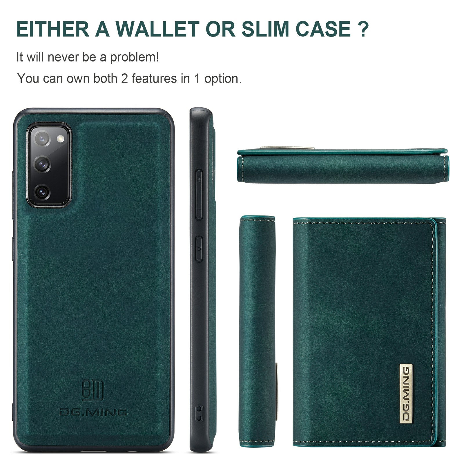 DG.MING M1 Series Magnetic Tri-Fold Wallet + Leather Coated Hybrid Cover Shell with Kickstand for Samsung Galaxy S20 FE 2022/S20 FE 4G/S20 FE 5G/S20 Lite - Green