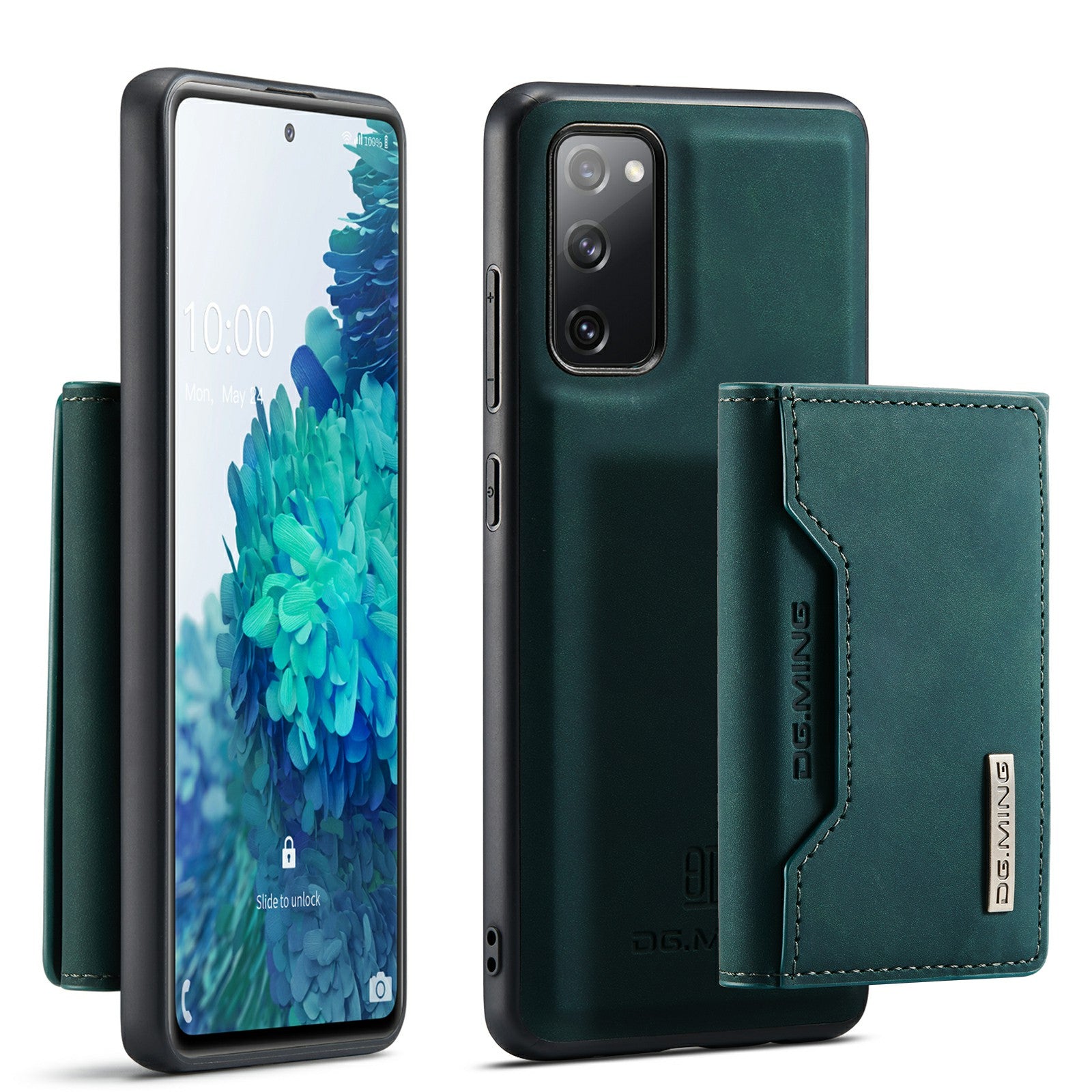 DG.MING M2 Series Magnetic Detachable Hybrid Case with Tri-Fold Wallet Kickstand Design for Samsung Galaxy S20 FE 2022/S20 FE 4G/S20 FE 5G/S20 Lite - Green