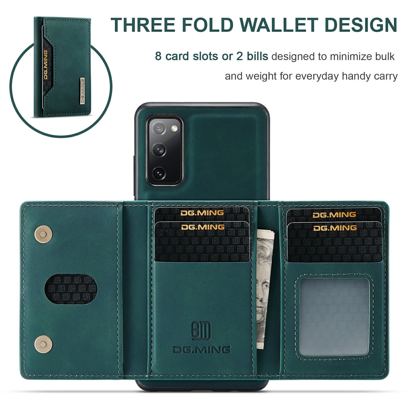 DG.MING M2 Series Magnetic Detachable Hybrid Case with Tri-Fold Wallet Kickstand Design for Samsung Galaxy S20 FE 2022/S20 FE 4G/S20 FE 5G/S20 Lite - Green